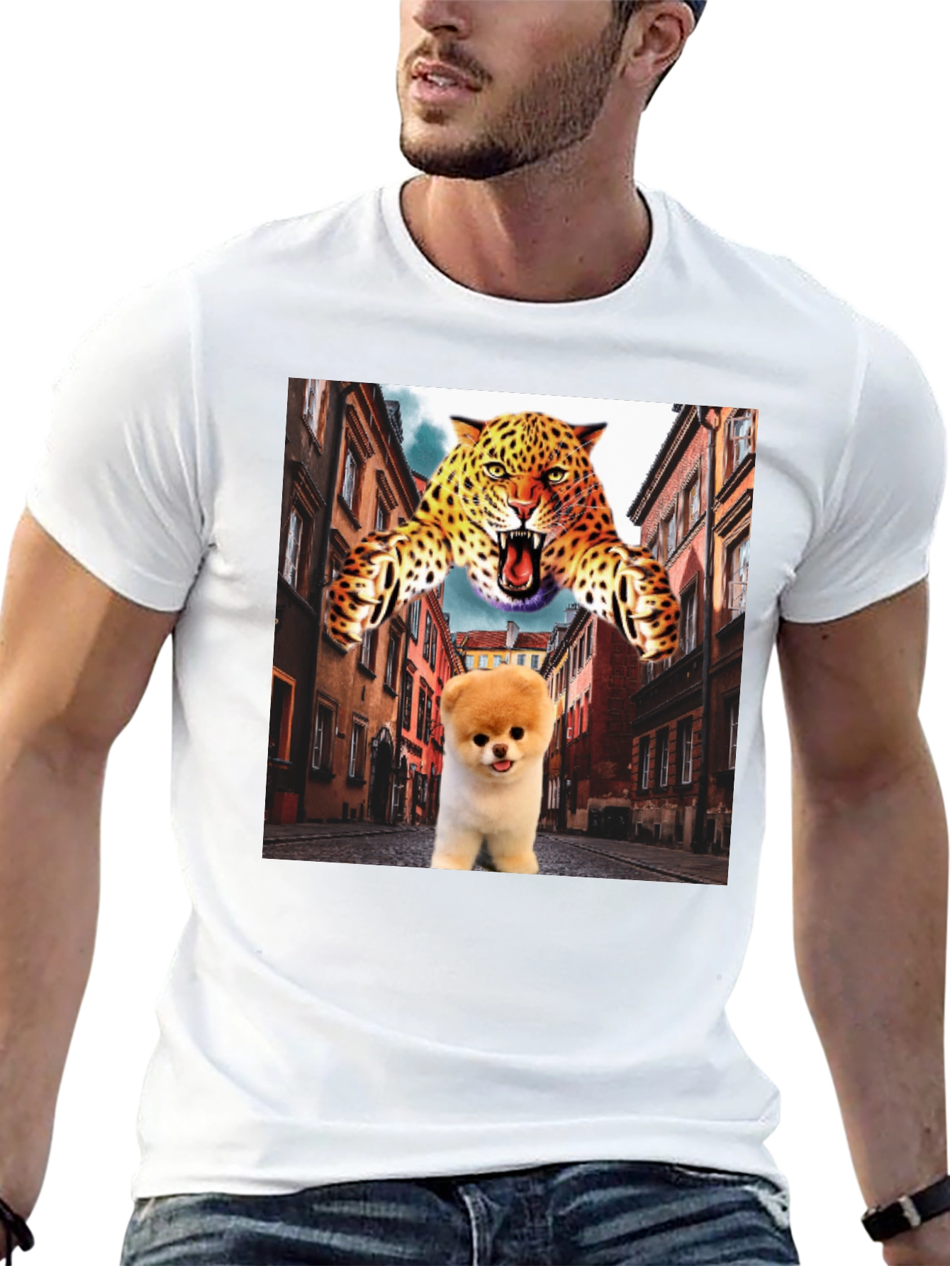 Black Novelty Graphic T-Shirt: Leopard and Pomeranian Design view 13