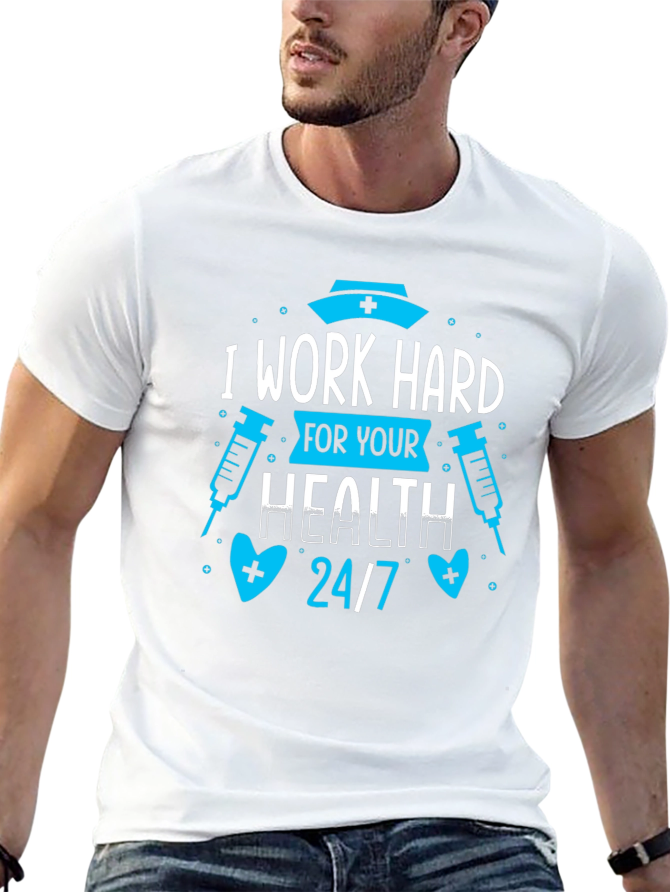 Black Nurse T-Shirt: I Work Hard For Your Health 24/7 view 13