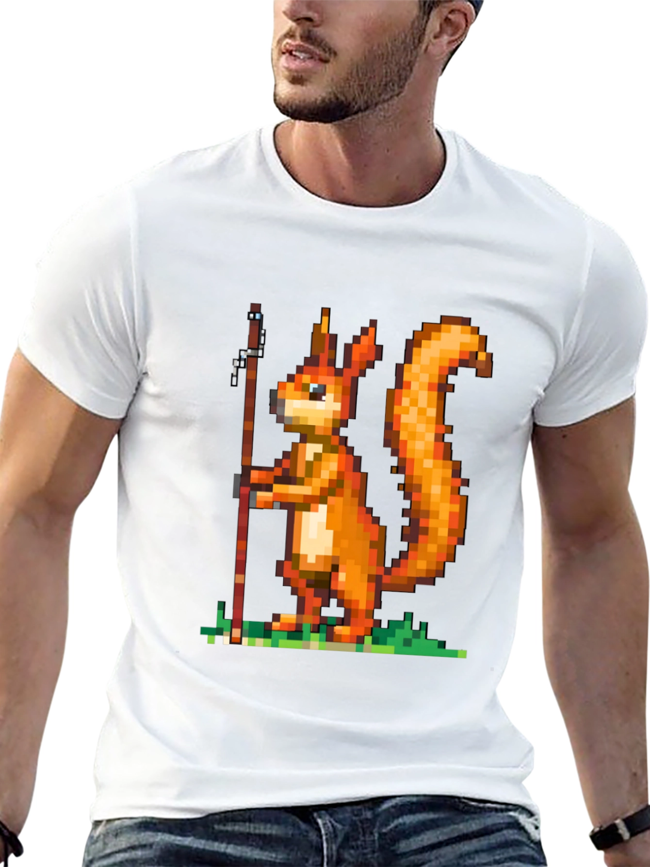 Black Pixel Squirrel Fishing T-Shirt - Black Cotton Tee view 13
