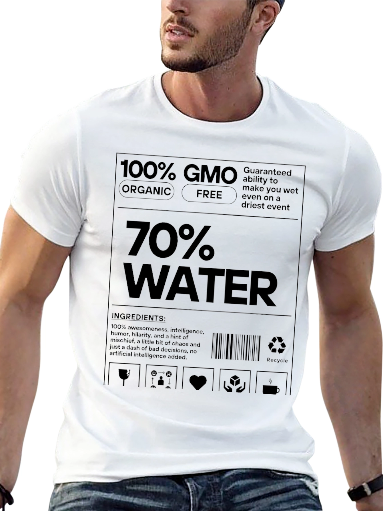 Black Humorous 70% Water Ingredient Label Graphic Tee view 13