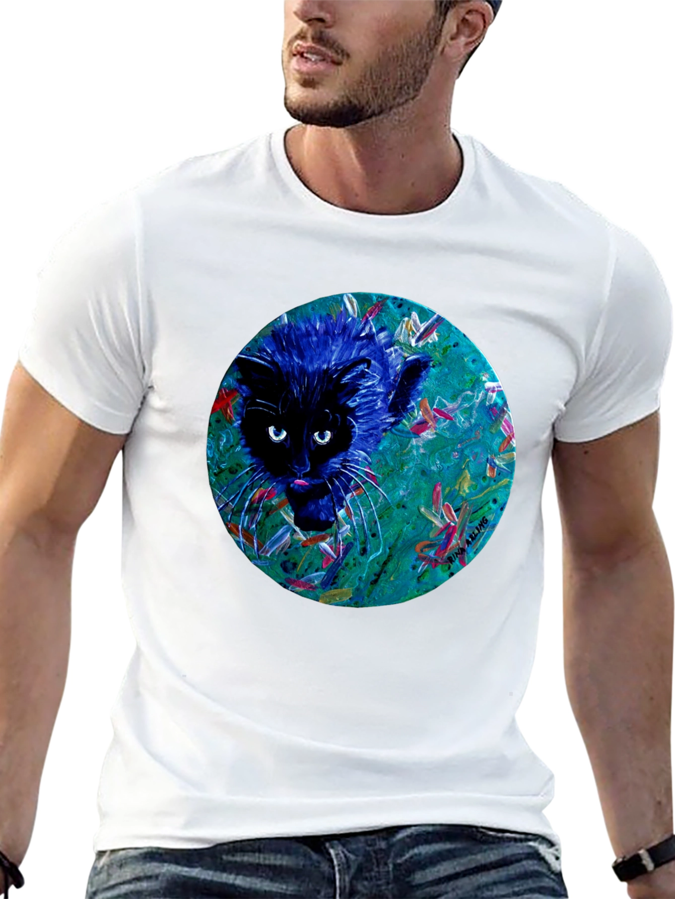 Black Abstract Cat Graphic Tee - Black Cotton T-Shirt view 13