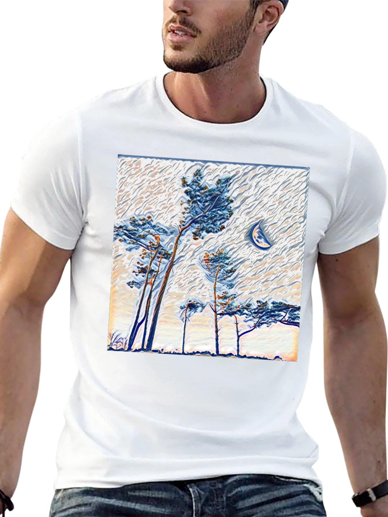 Black Artistic Trees and Moon Graphic Tee view 13