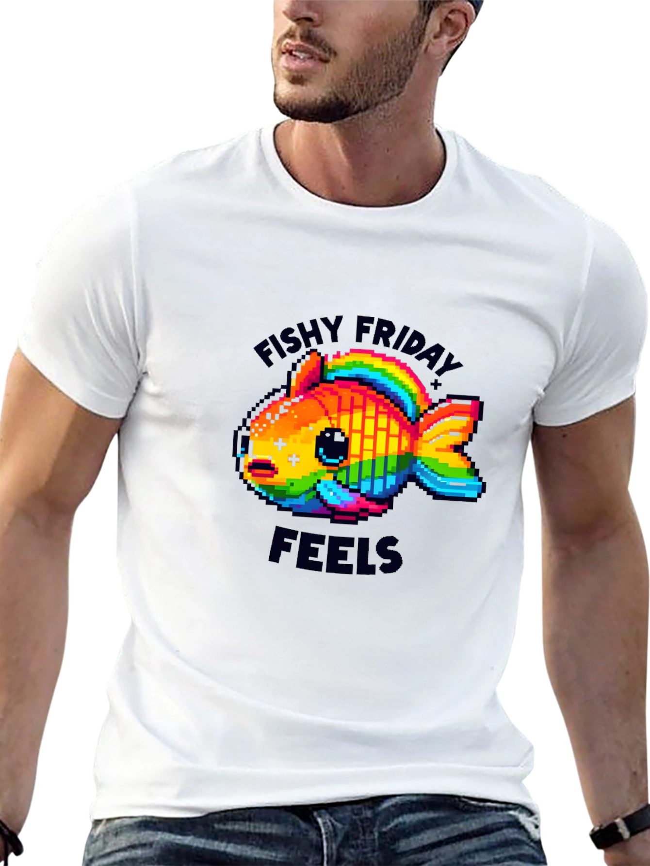 Black Fishy Friday Feels Pixel Art Graphic Tee view 13