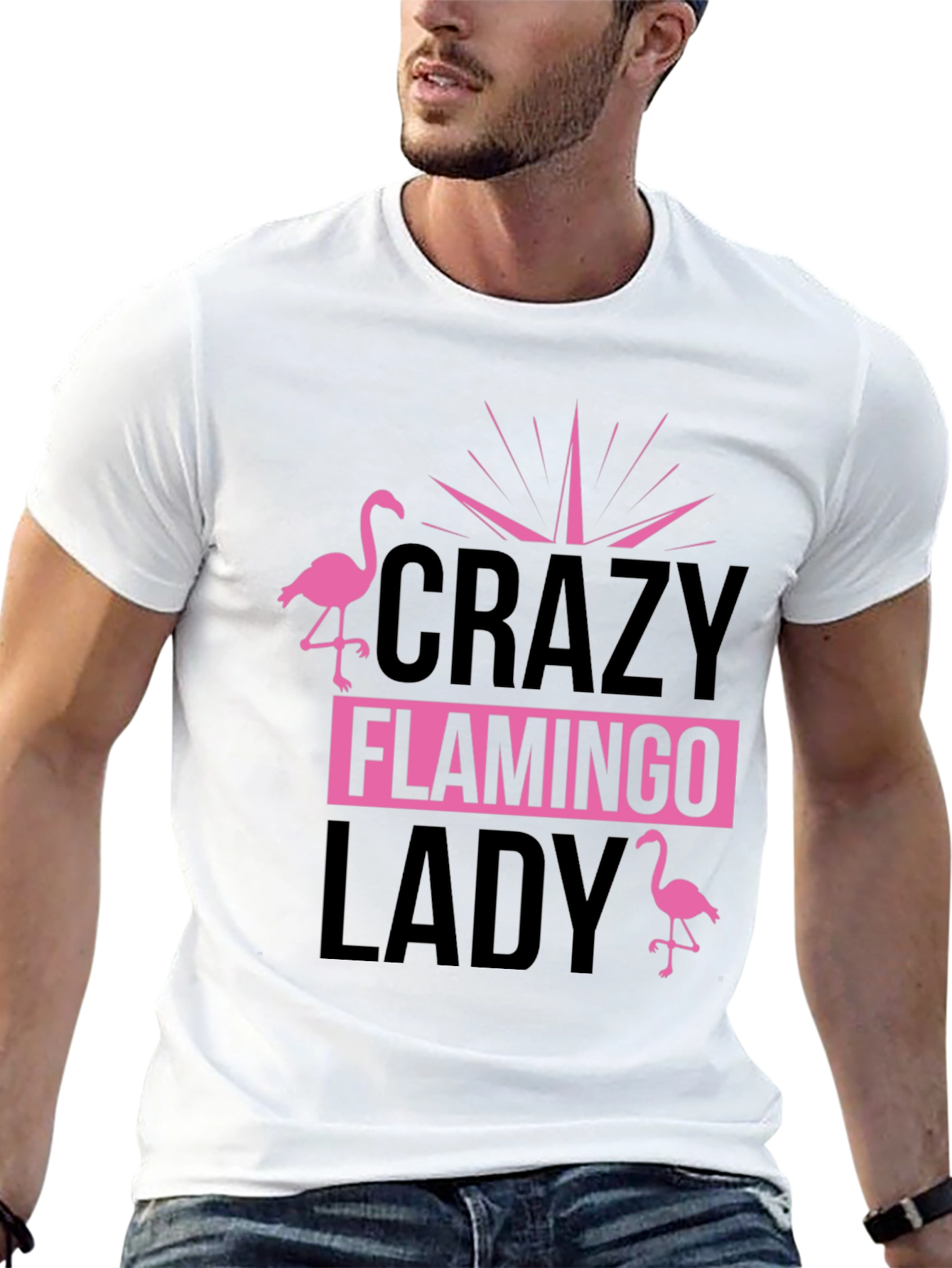 Black Crazy Flamingo Lady T-Shirt - Black Cotton Tee view 13