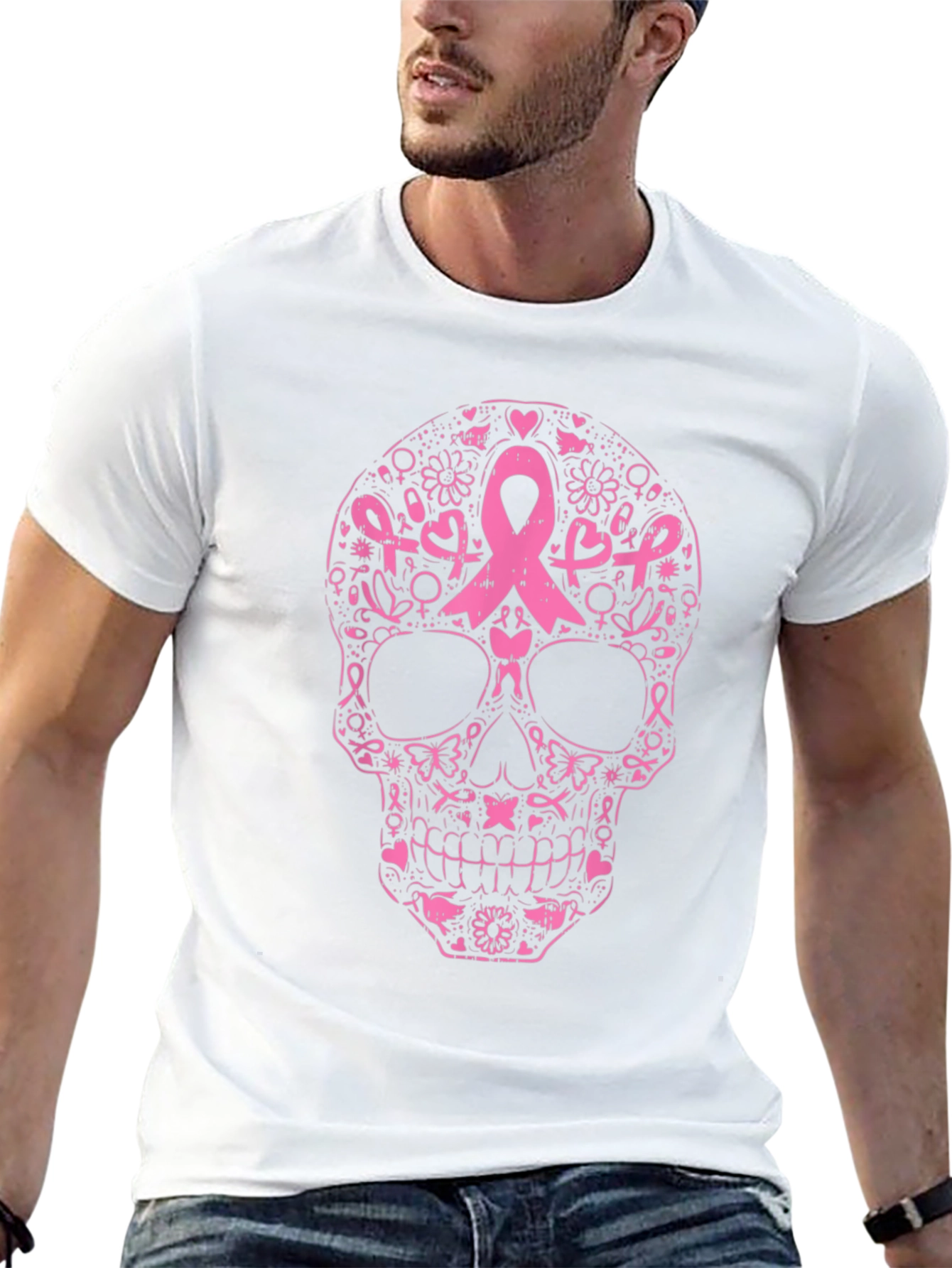 Black Pink Ribbon Skull Graphic Tee - Breast Cancer Awareness view 13