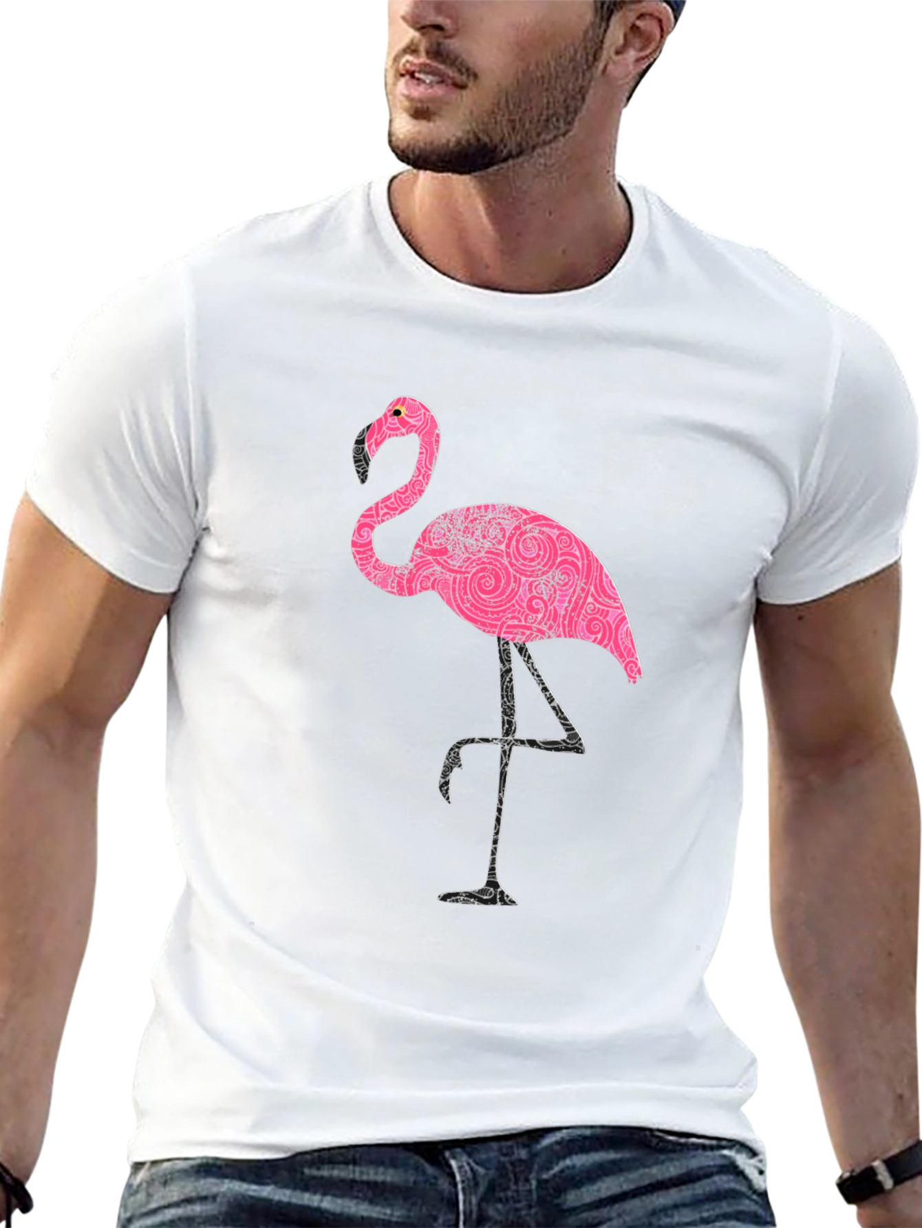 Black Pink Flamingo Print Black T-Shirt view 13