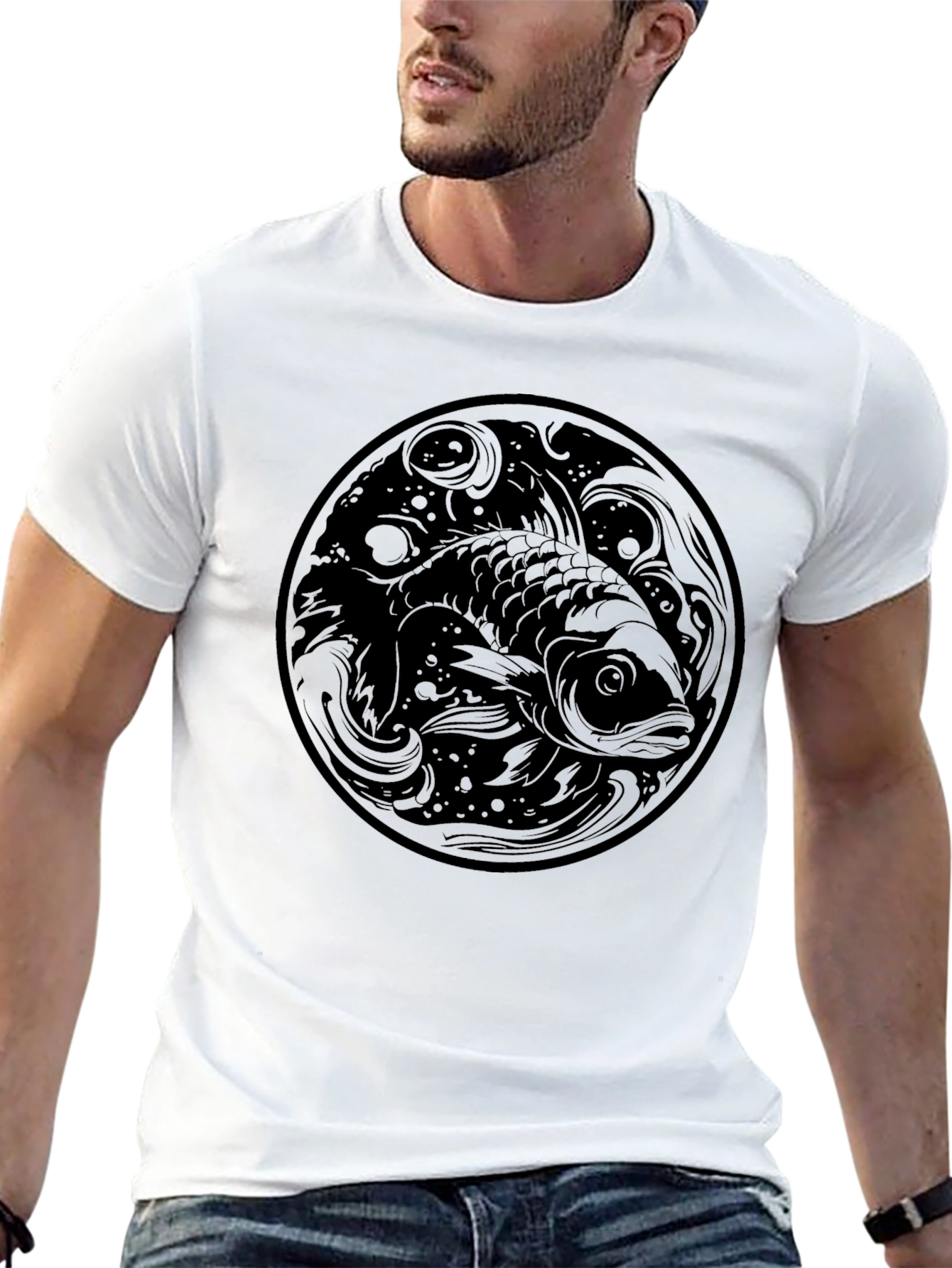 Black Koi Fish Graphic Print Black T-Shirt view 13