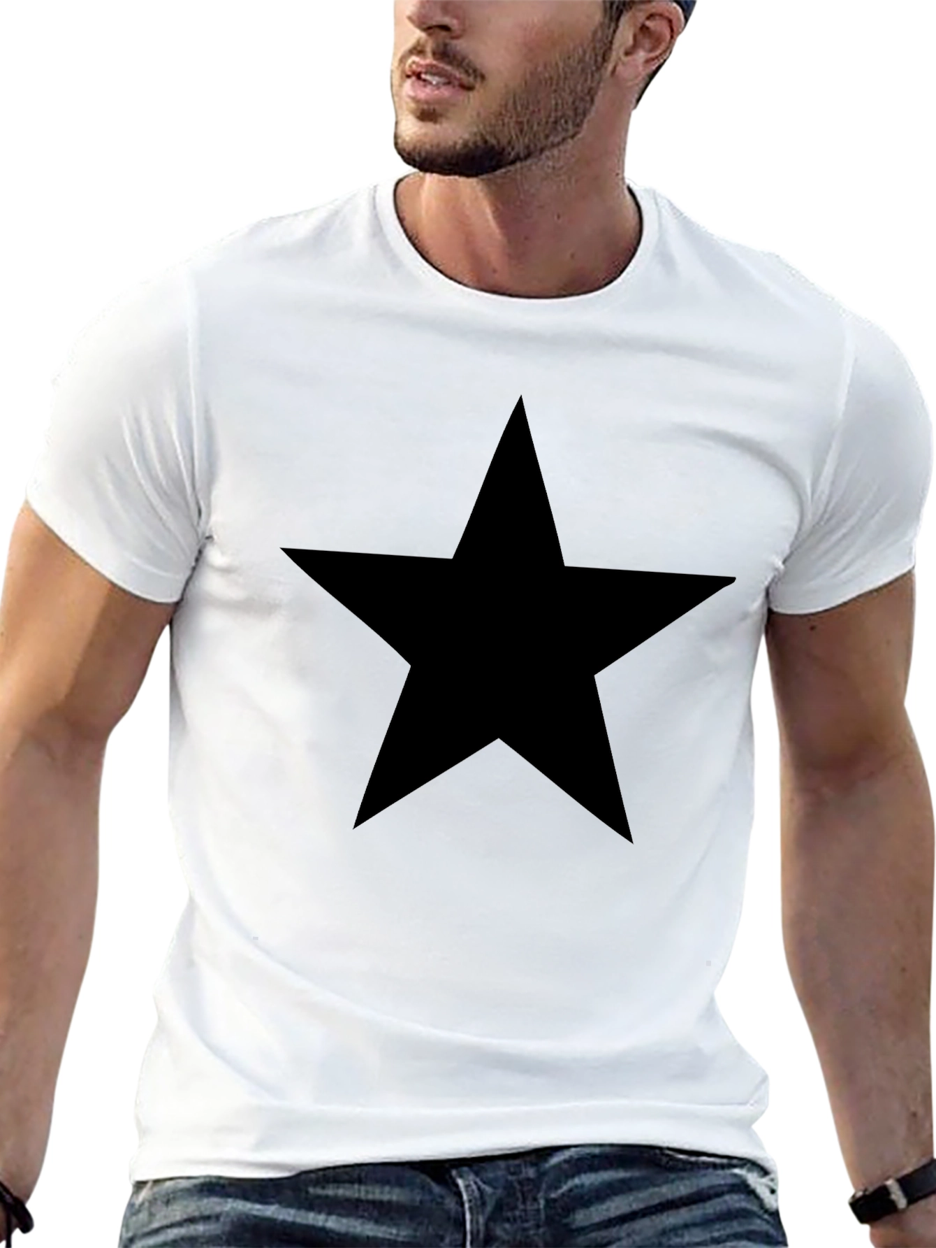 Black Bold Star Graphic Tee - Classic Black Cotton T-Shirt view 13