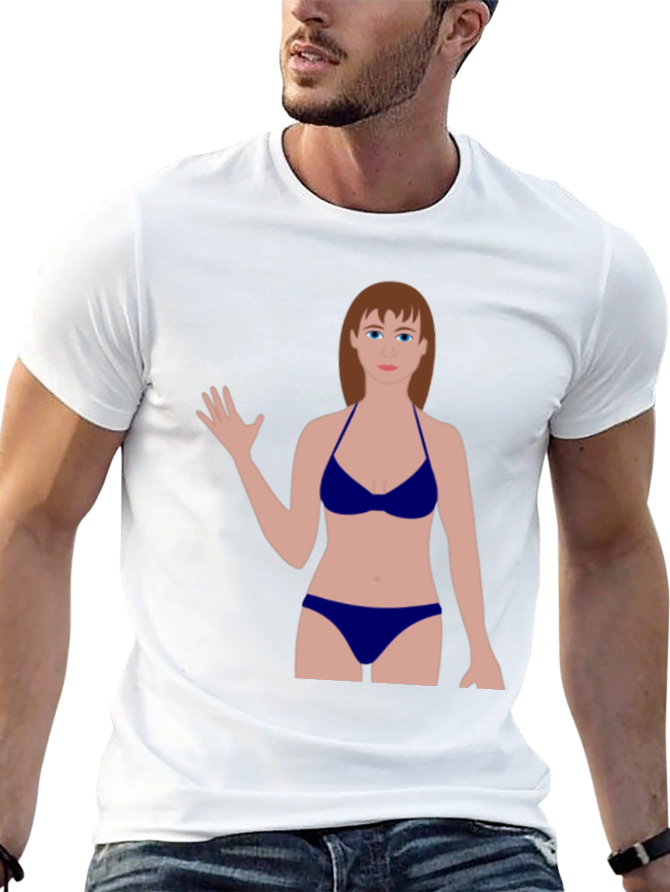 Black Novelty Graphic Tee - Cartoon Woman Swimsuit Design view 13