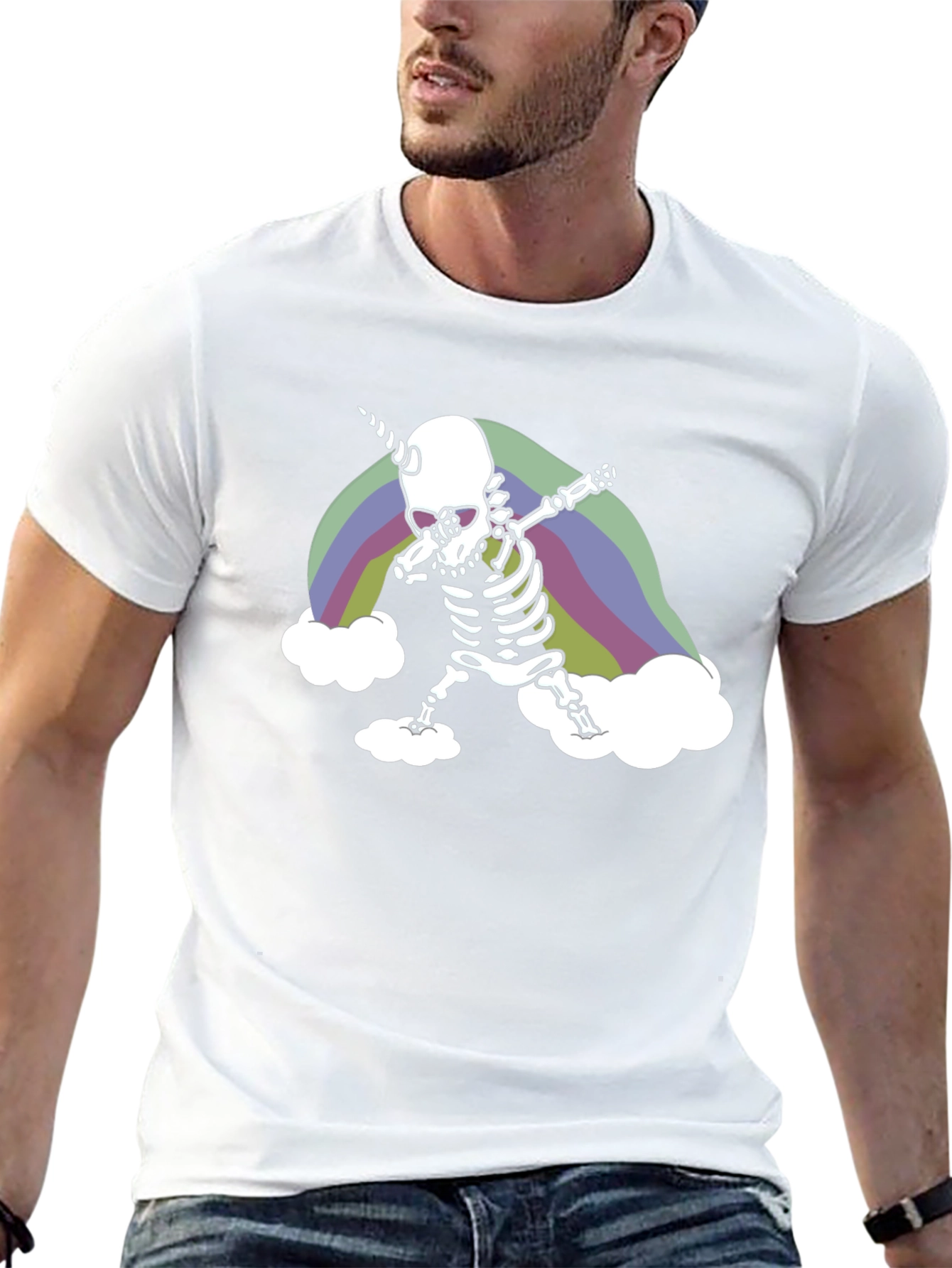 Black Dabbing Skeleton Unicorn Rainbow Graphic Tee view 13