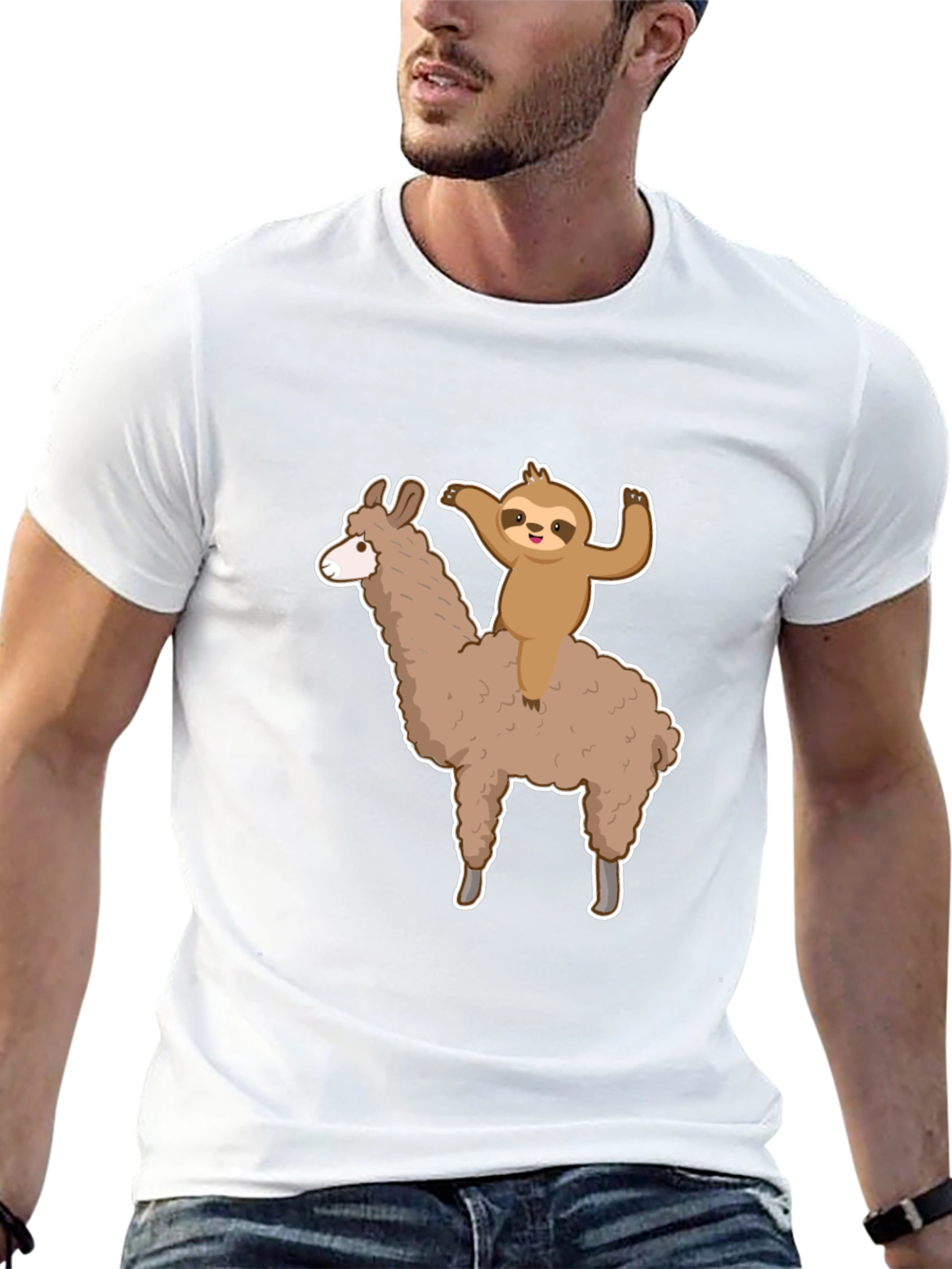 Black Sloth Riding Llama Graphic Tee - Men's Black T-Shirt view 13