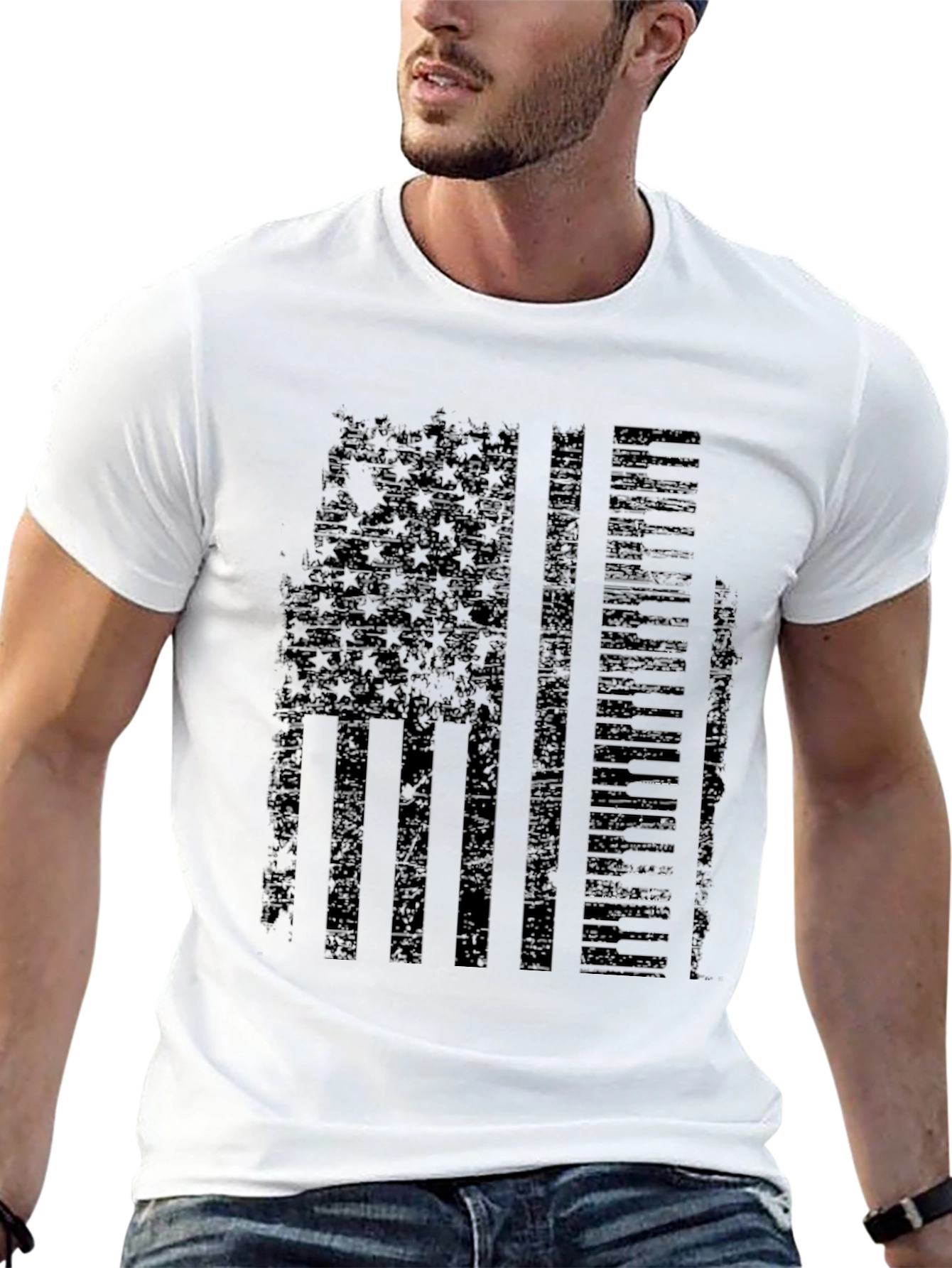 Black Distressed US Flag Piano Keys Graphic T-Shirt view 13