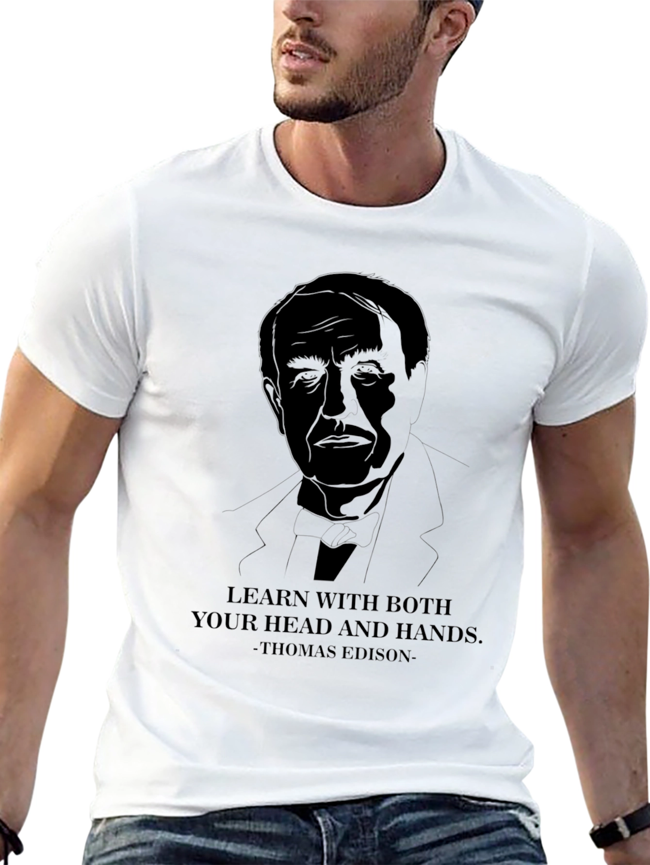 Black Thomas Edison "Learn With Both" T-Shirt view 13