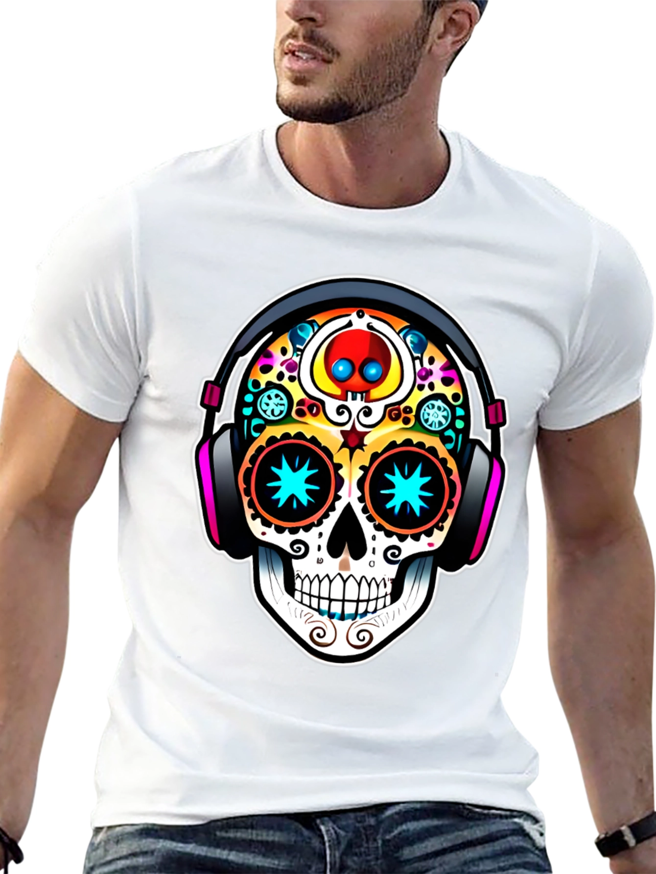Black Skull DJ Black T-Shirt - Day of the Dead Style view 13