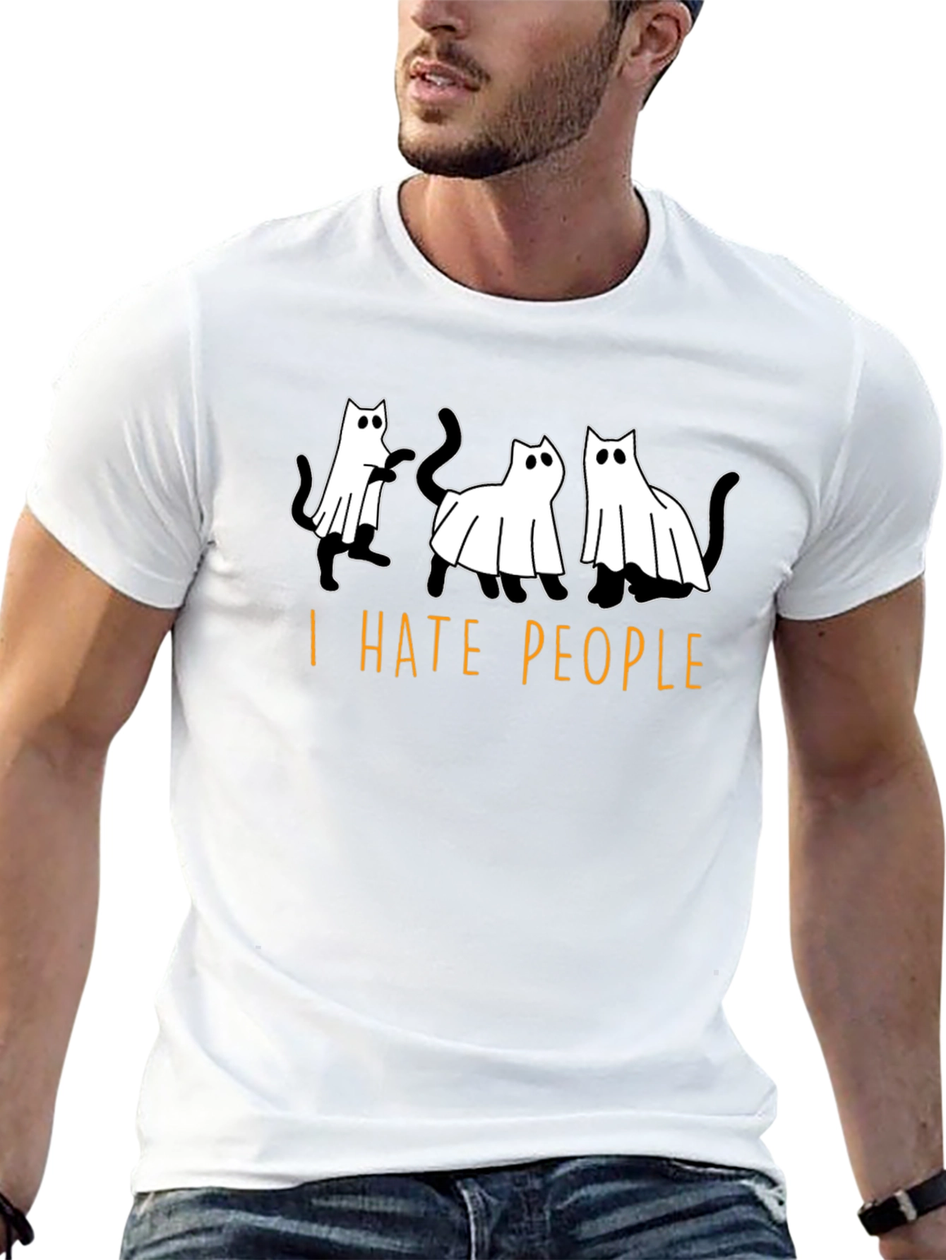 Black I Hate People Ghost Cats Black T-Shirt view 13