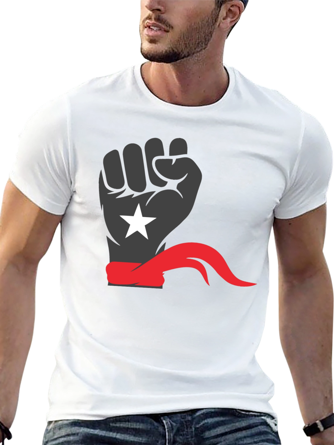Black Power Fist Tee - Red Bandana Star Design - 13