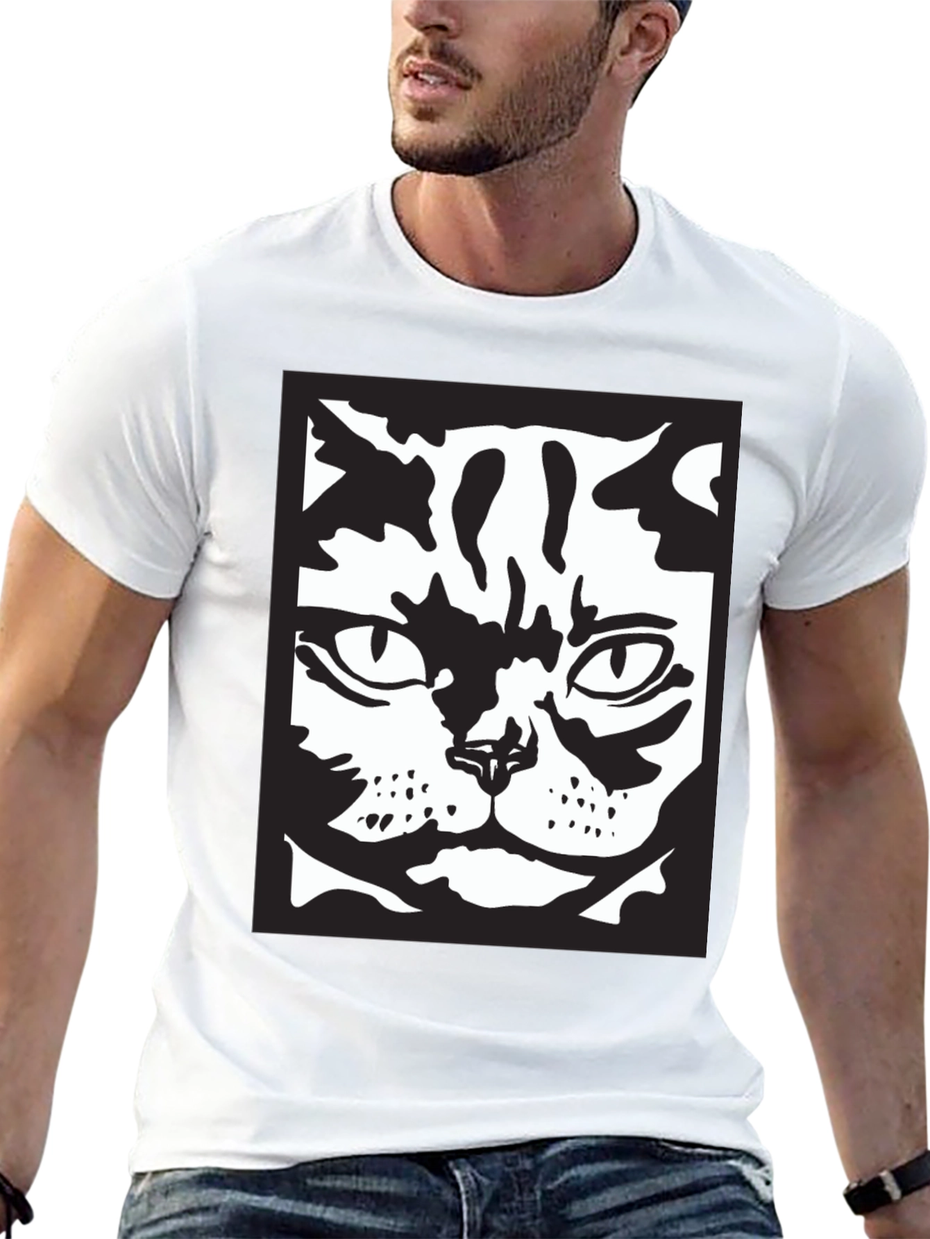 Black Cool Cat Face Graphic Black T-Shirt view 13