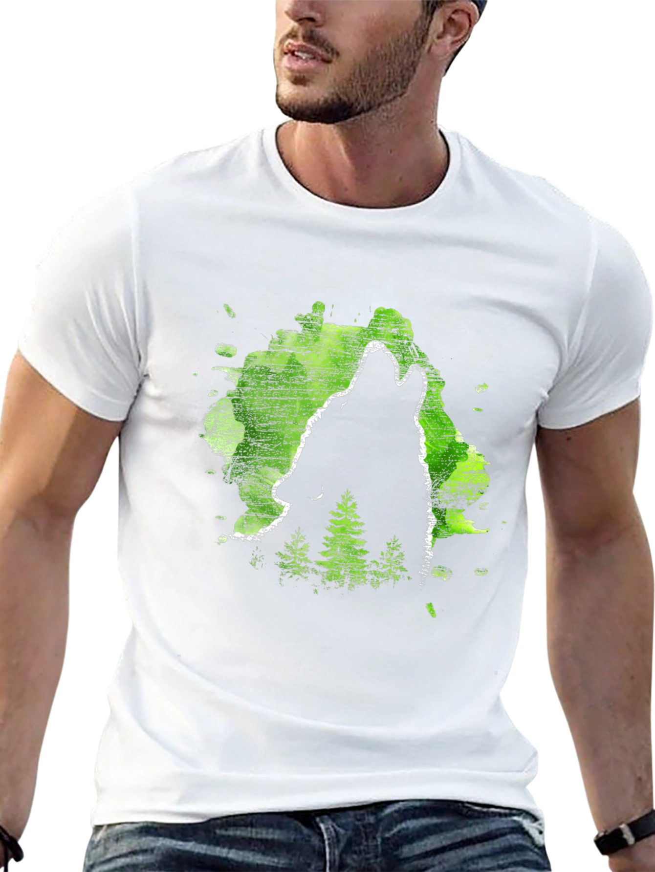 Black Wolf Howl Black T-Shirt, Green Forest Design view 13