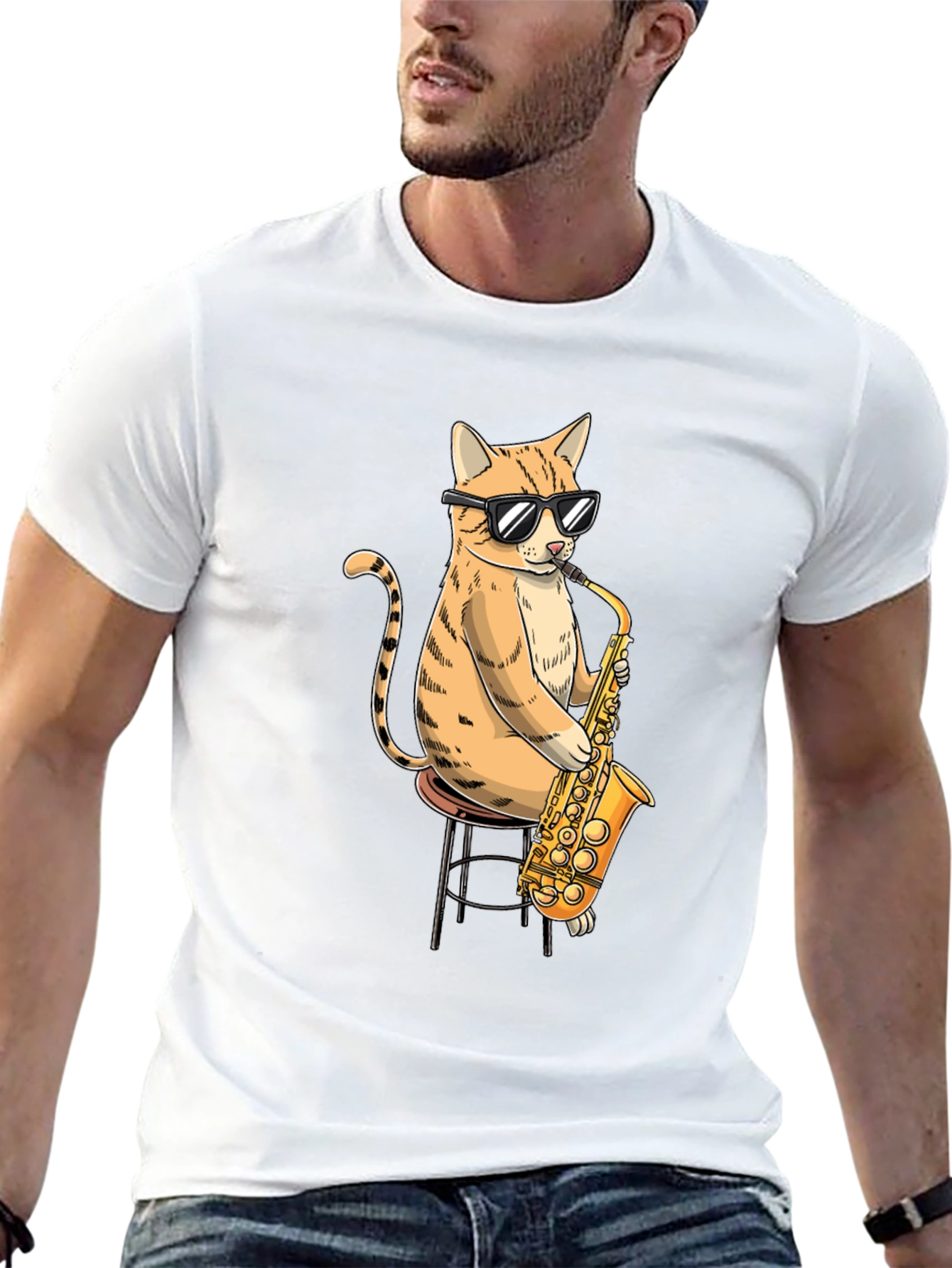 Black Cool Cat Saxophone Graphic T-Shirt view 13