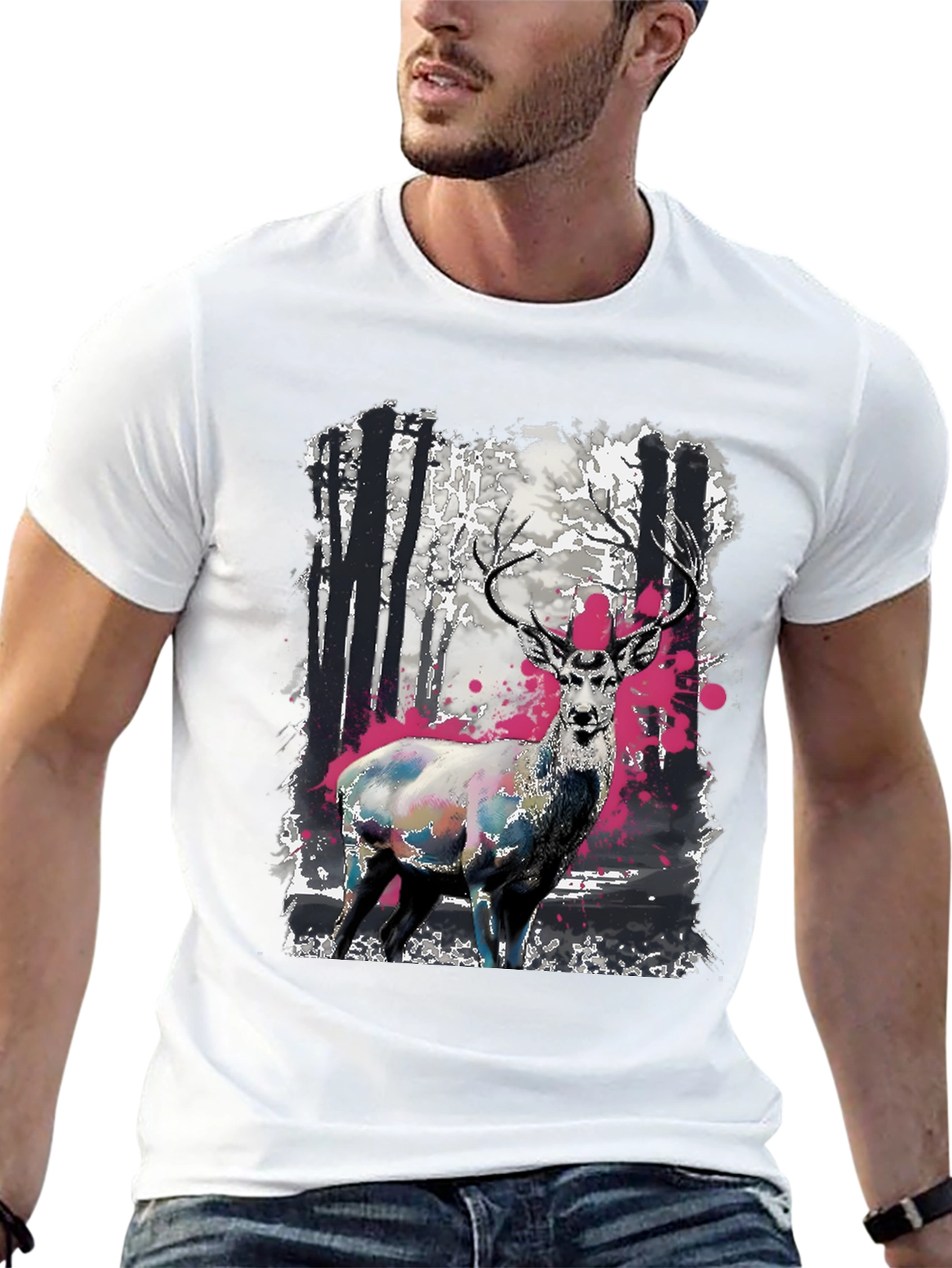 Black Deer in Forest Graphic Print Black T-Shirt view 13