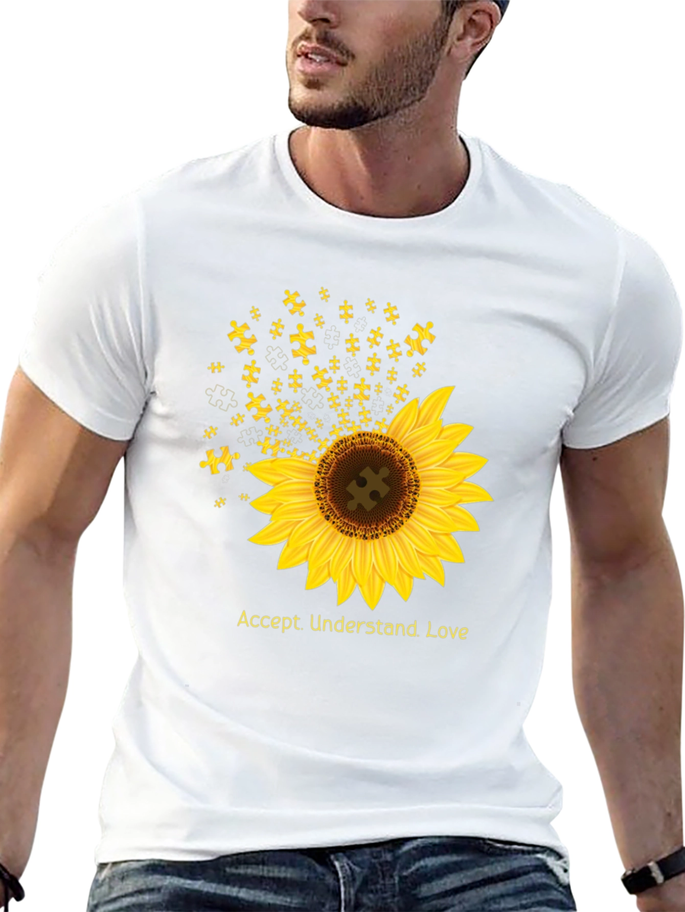 Black Autism Awareness Sunflower T-Shirt - Accept, Understand, Love view 13