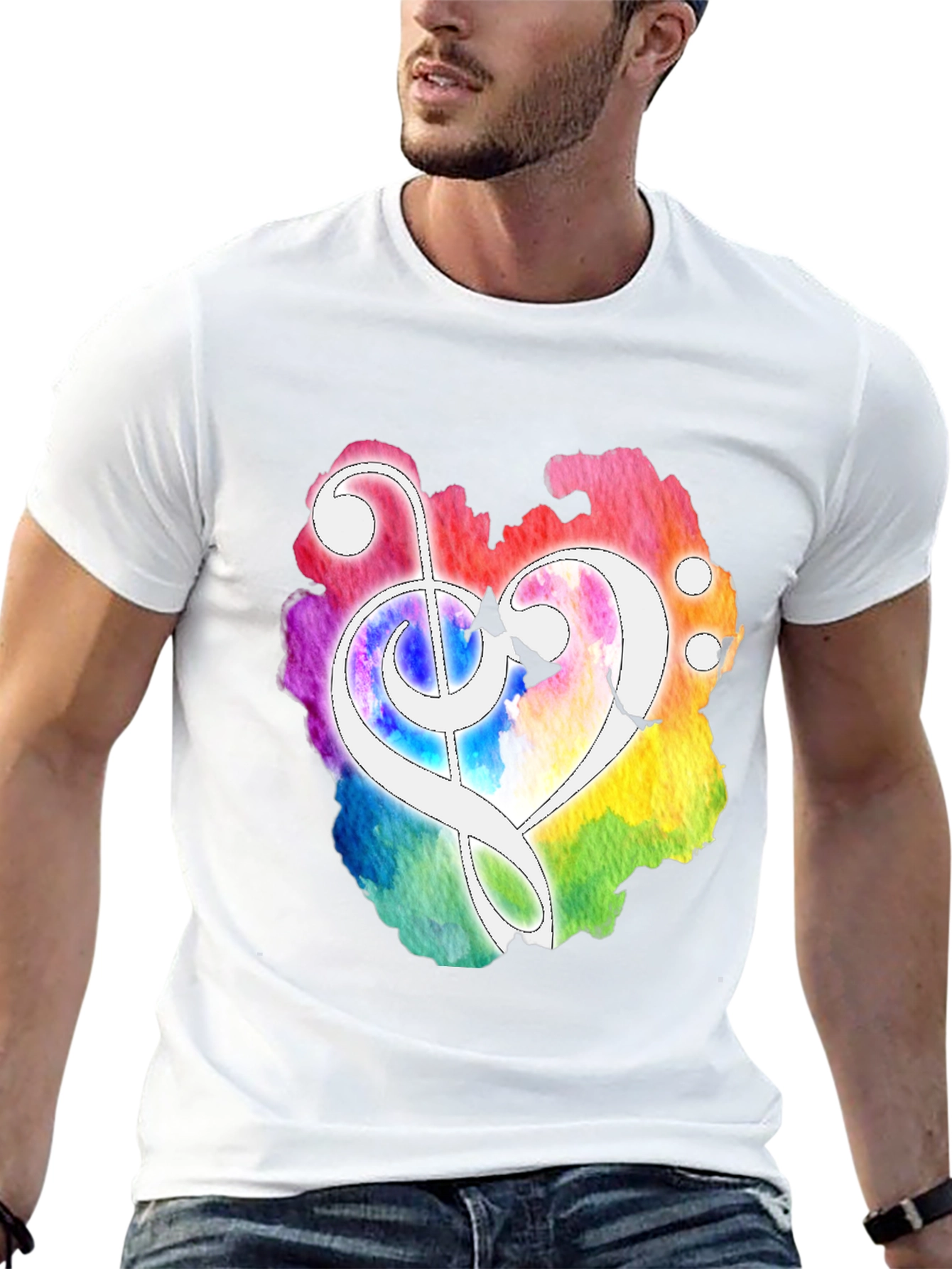 Black Watercolor Heart Treble Clef Black T-Shirt view 13