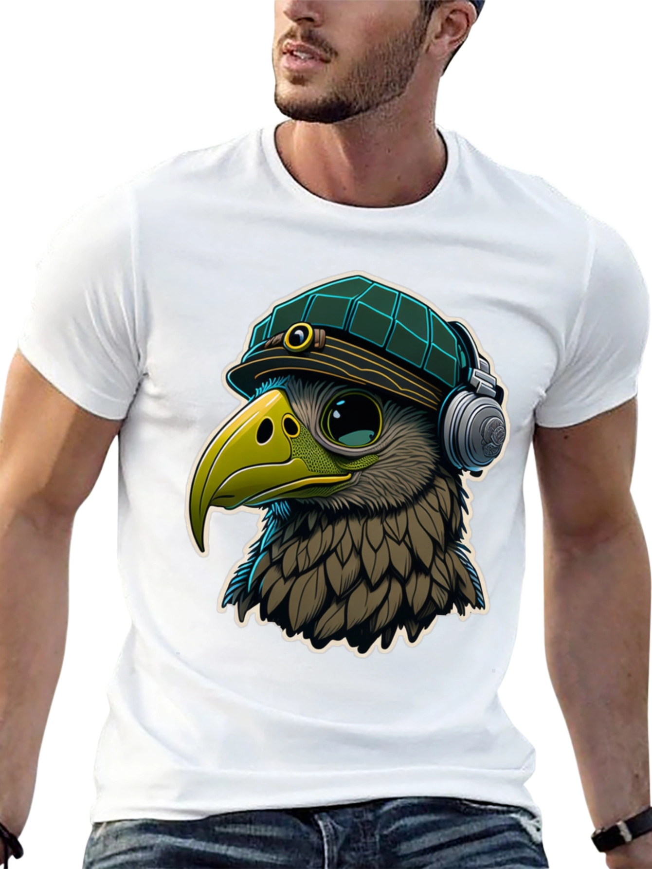 Black Cool Bird in Hat & Headphones Graphic Tee view 13
