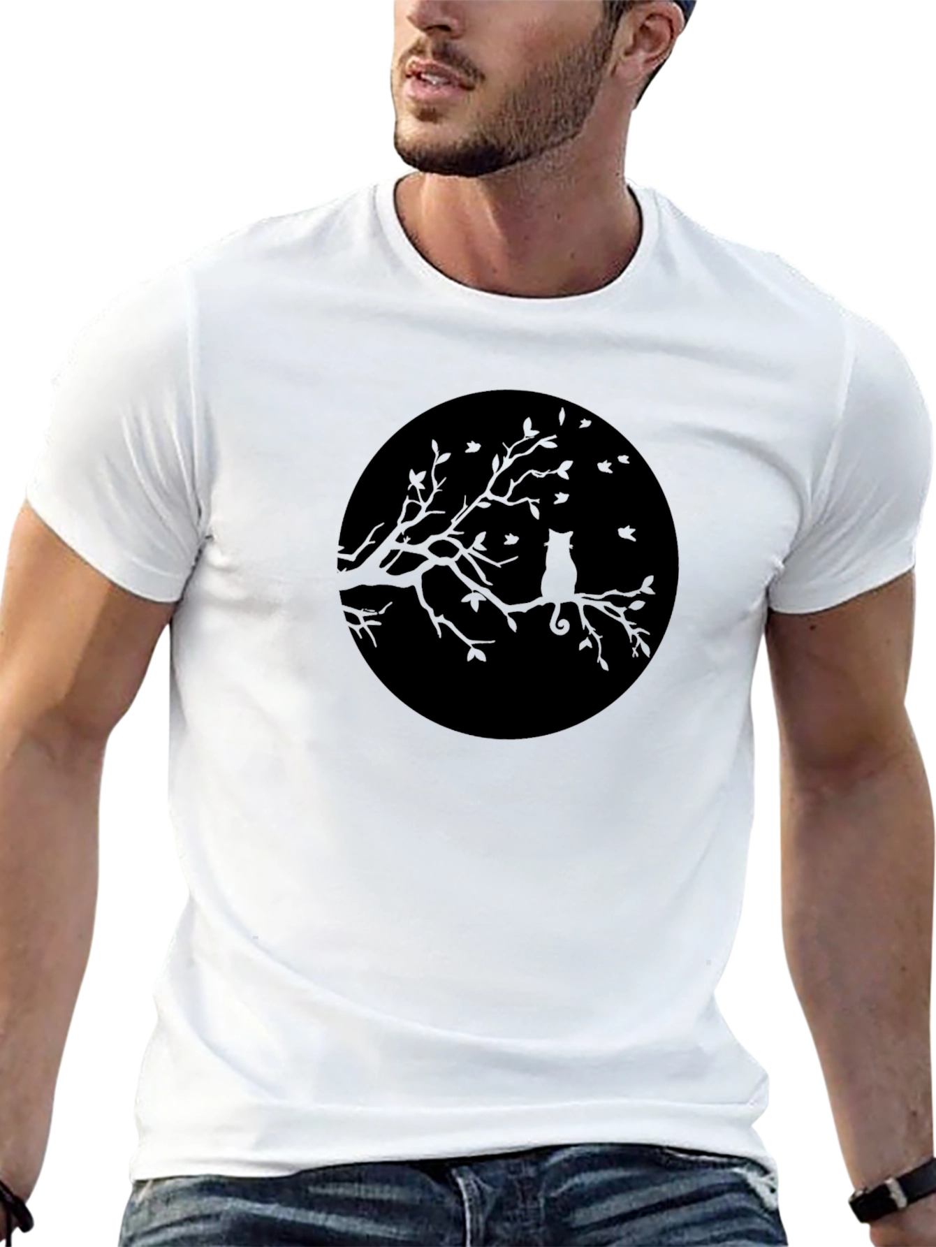 Black Men's Black Cat Silhouette Tree Graphic Tee view 13