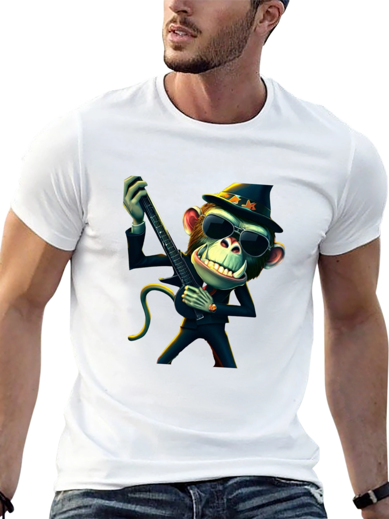 Black Cool Monkey Guitarist Black T-Shirt view 13