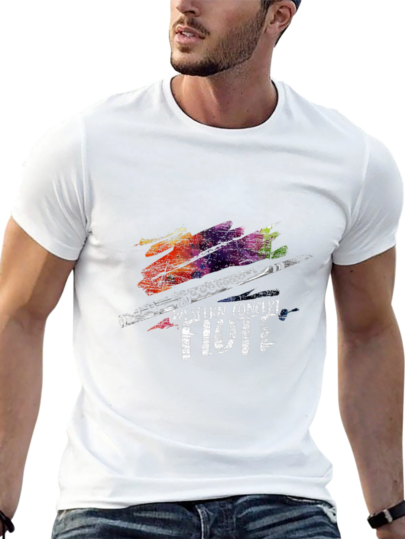 Black Western Concert Flute T-Shirt - Colorful Music Tee view 13
