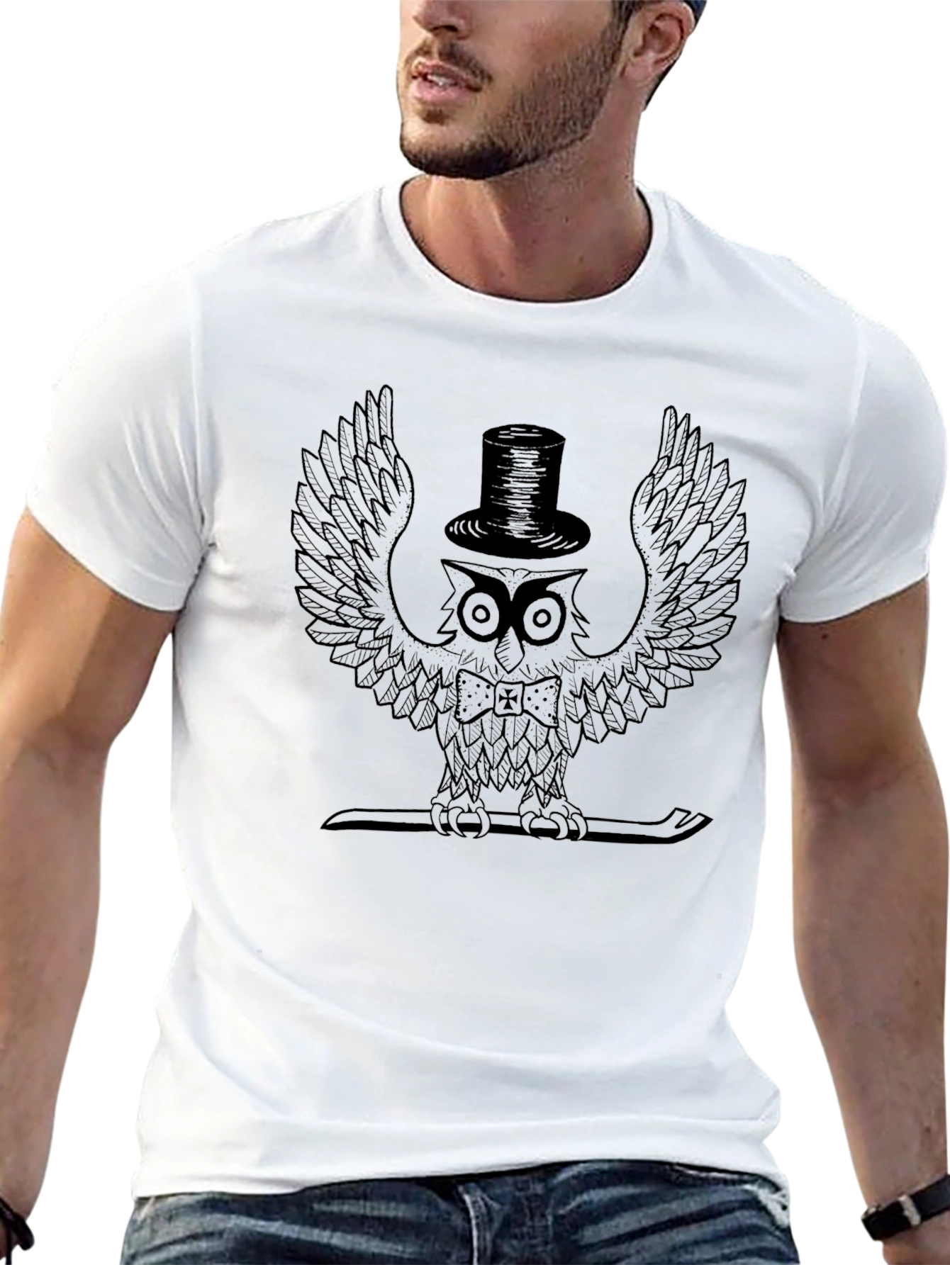 Black Owl in Top Hat Graphic Tee - Stylish Black T-Shirt view 13