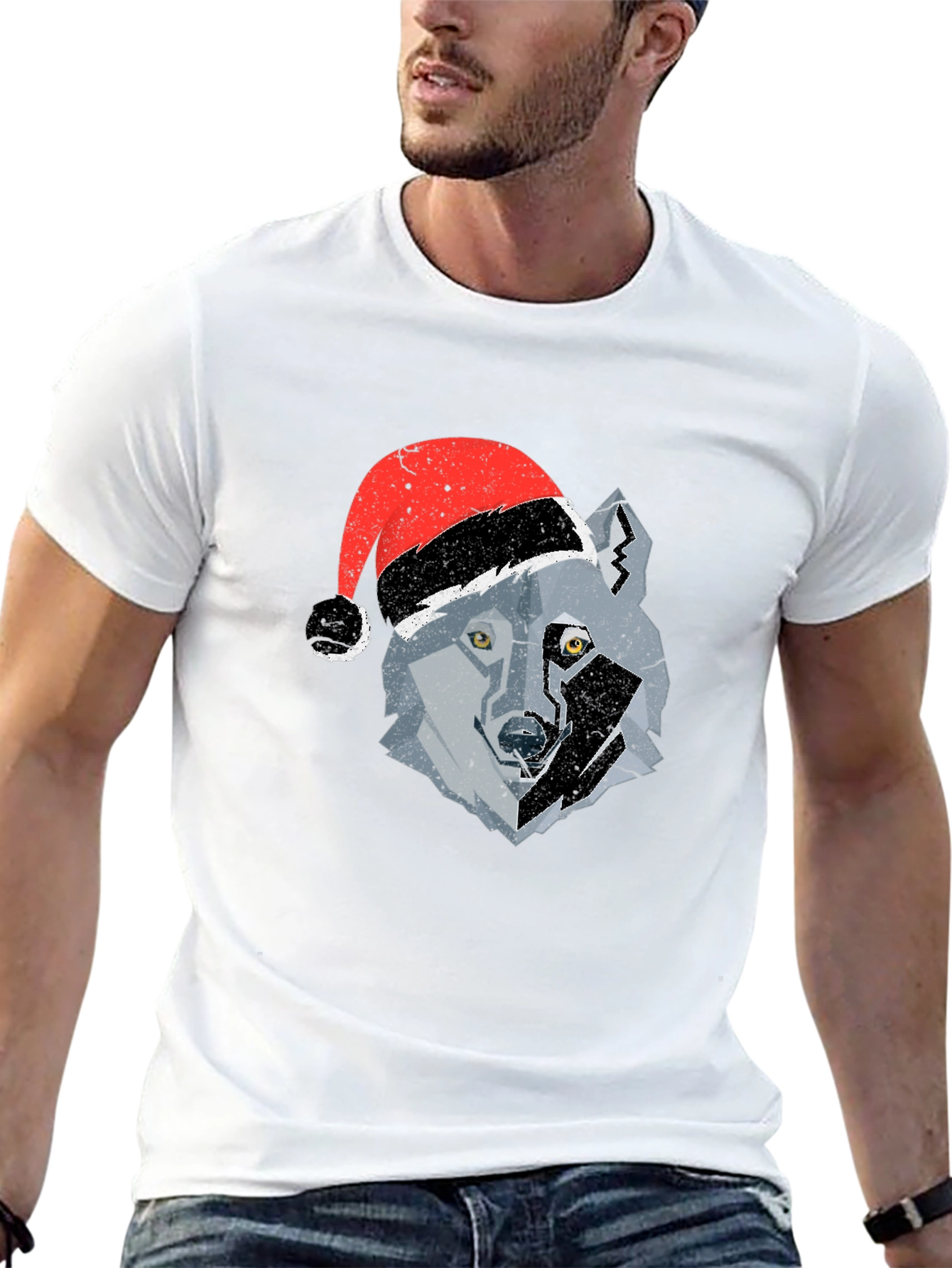 Black Wolf Santa Hat Graphic Tee view 13