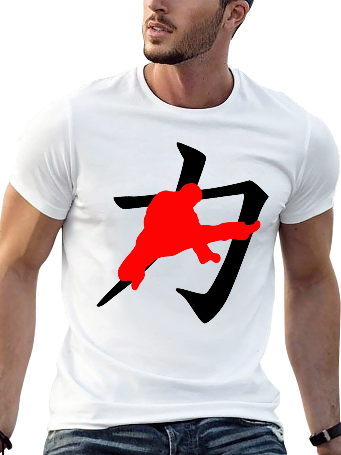 Black Karate Kick T-Shirt: Black with Red Graphic Print view 13