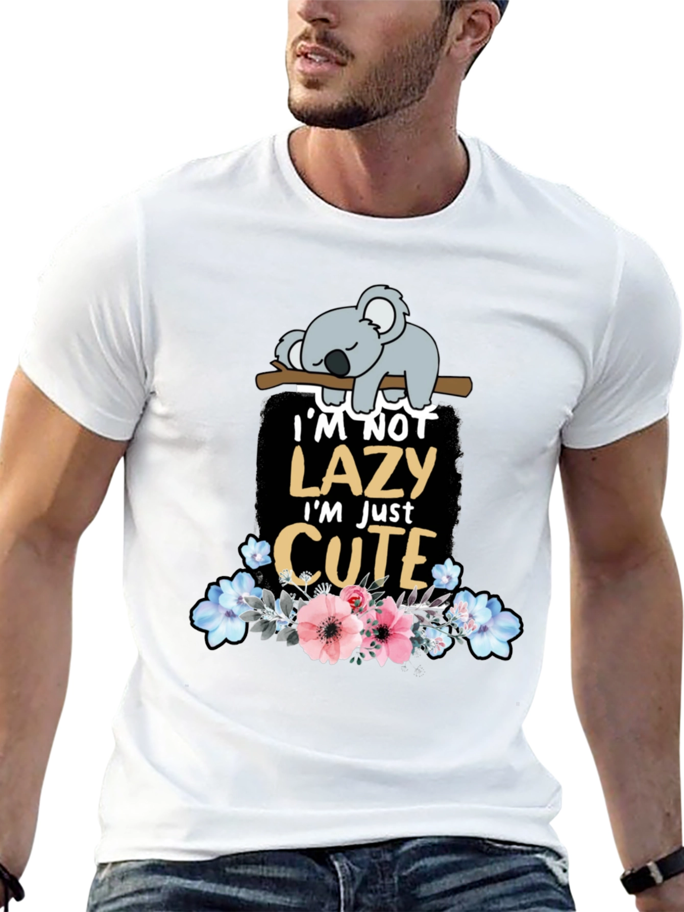 Black Lazy Koala T-Shirt: Cute Floral Design view 13
