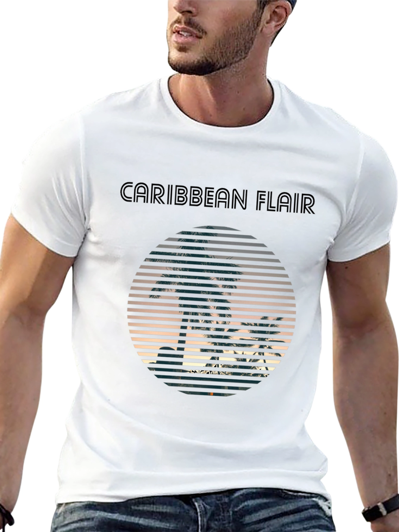 Black Caribbean Flair Black T-Shirt with Palm Tree Sunset Graphic view 13
