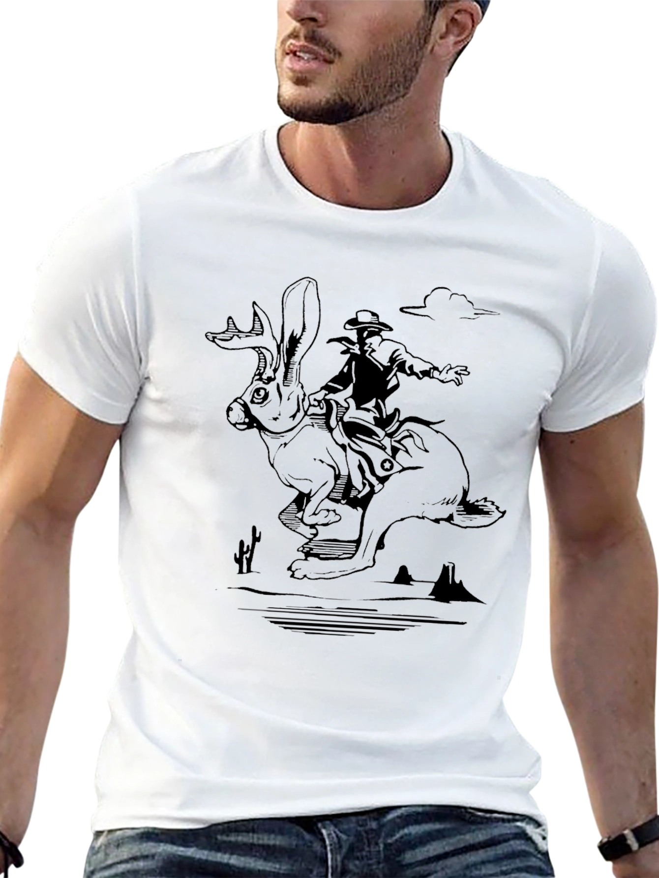 Black Cowboy Riding Hare T-Shirt - Western Graphic Tee view 13