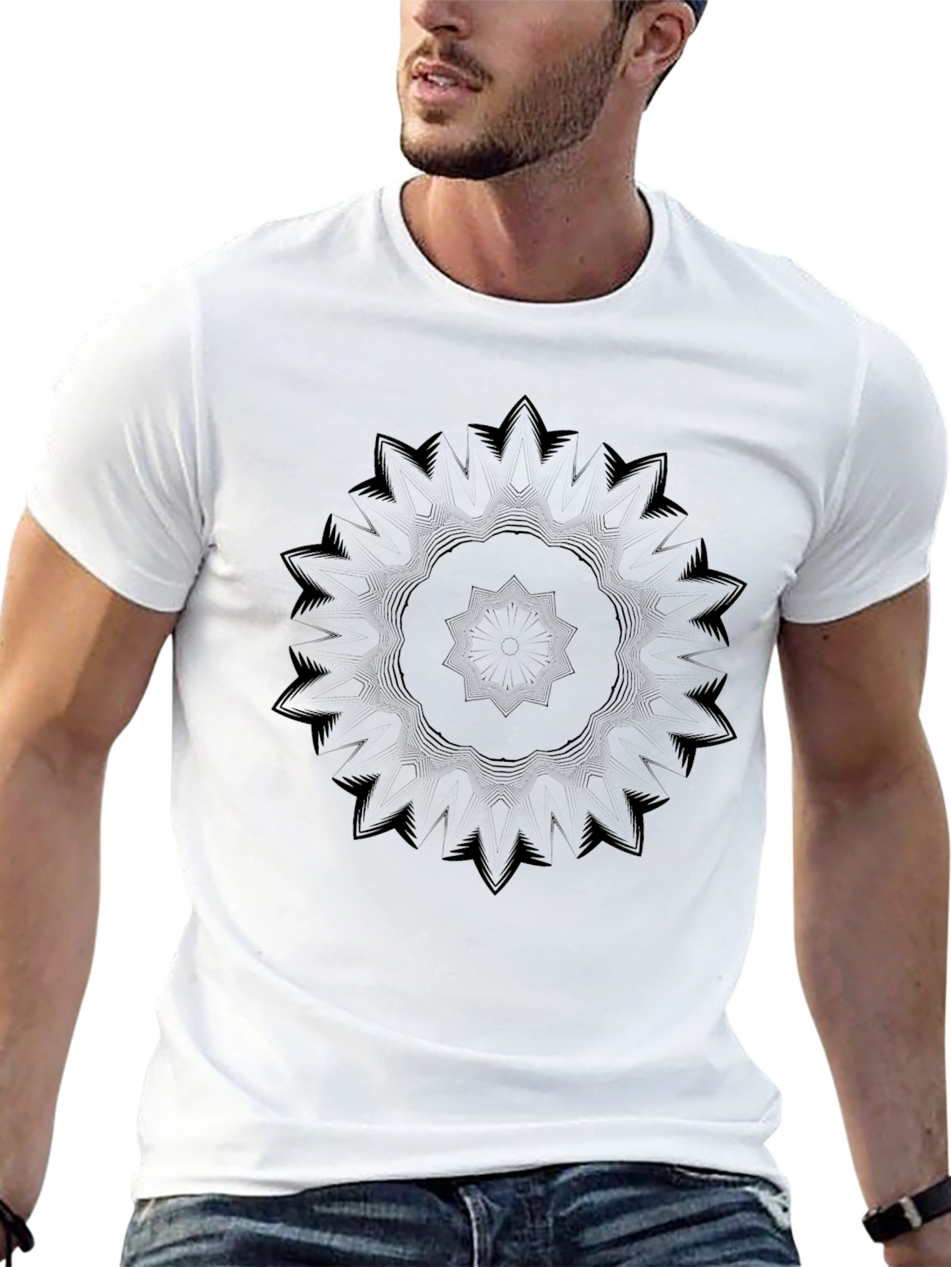 Black Abstract Mandala Graphic Print Crew Neck T-Shirt view 13
