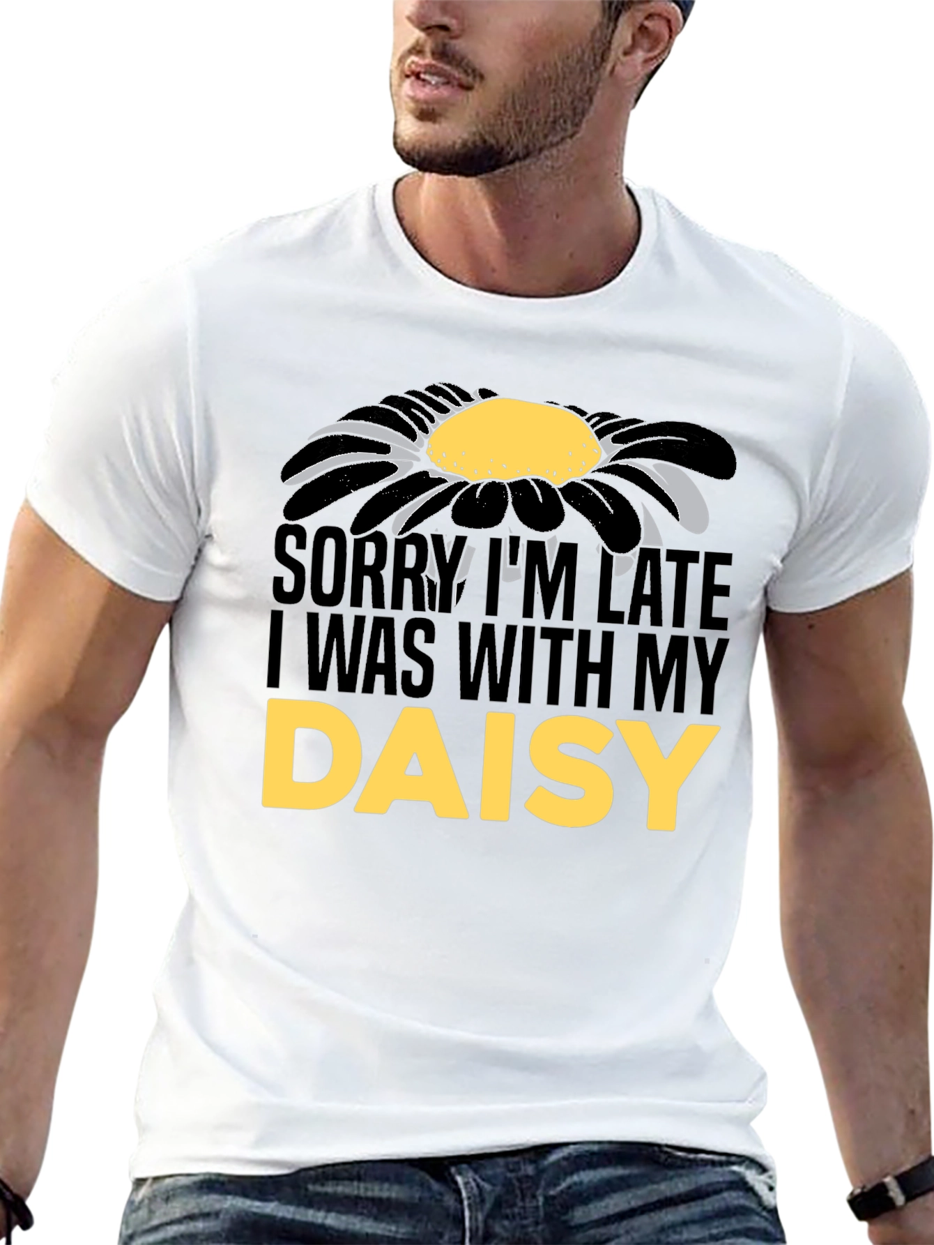 Black Daisy Graphic Men's T-Shirt - Sorry I'm Late view 13
