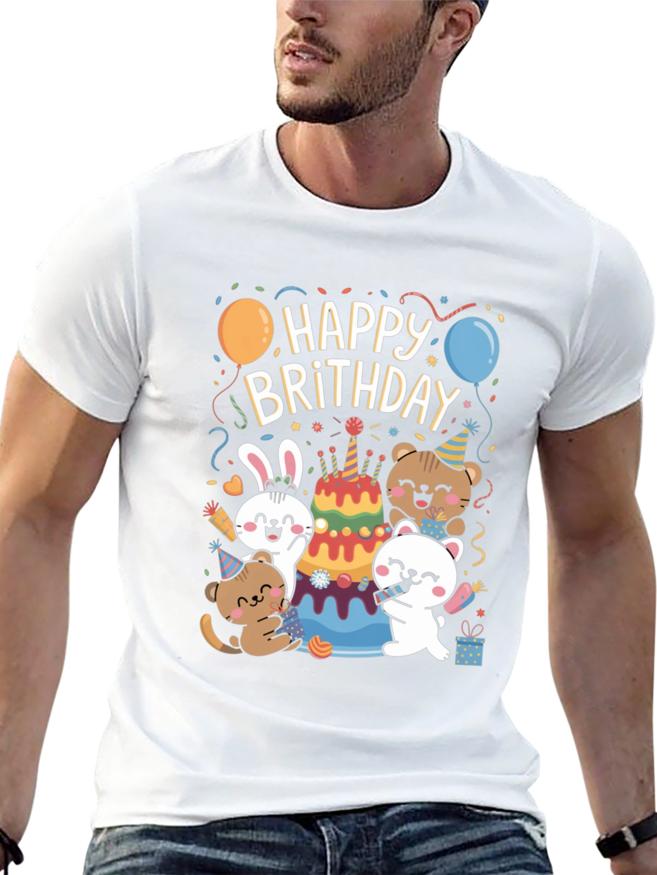 Black Happy Brithday T-Shirt With Cute Animal Graphics view 13