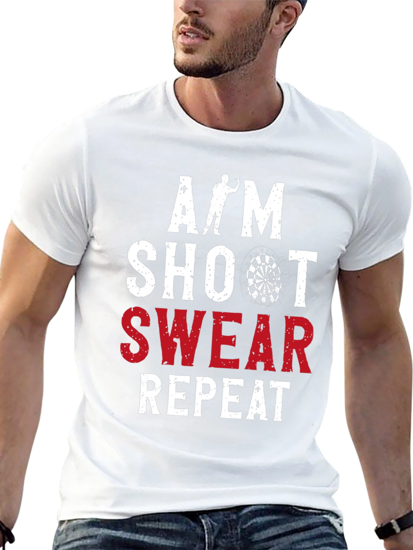 Black Aim Shoot Swear Repeat Darts Graphic Tee view 13