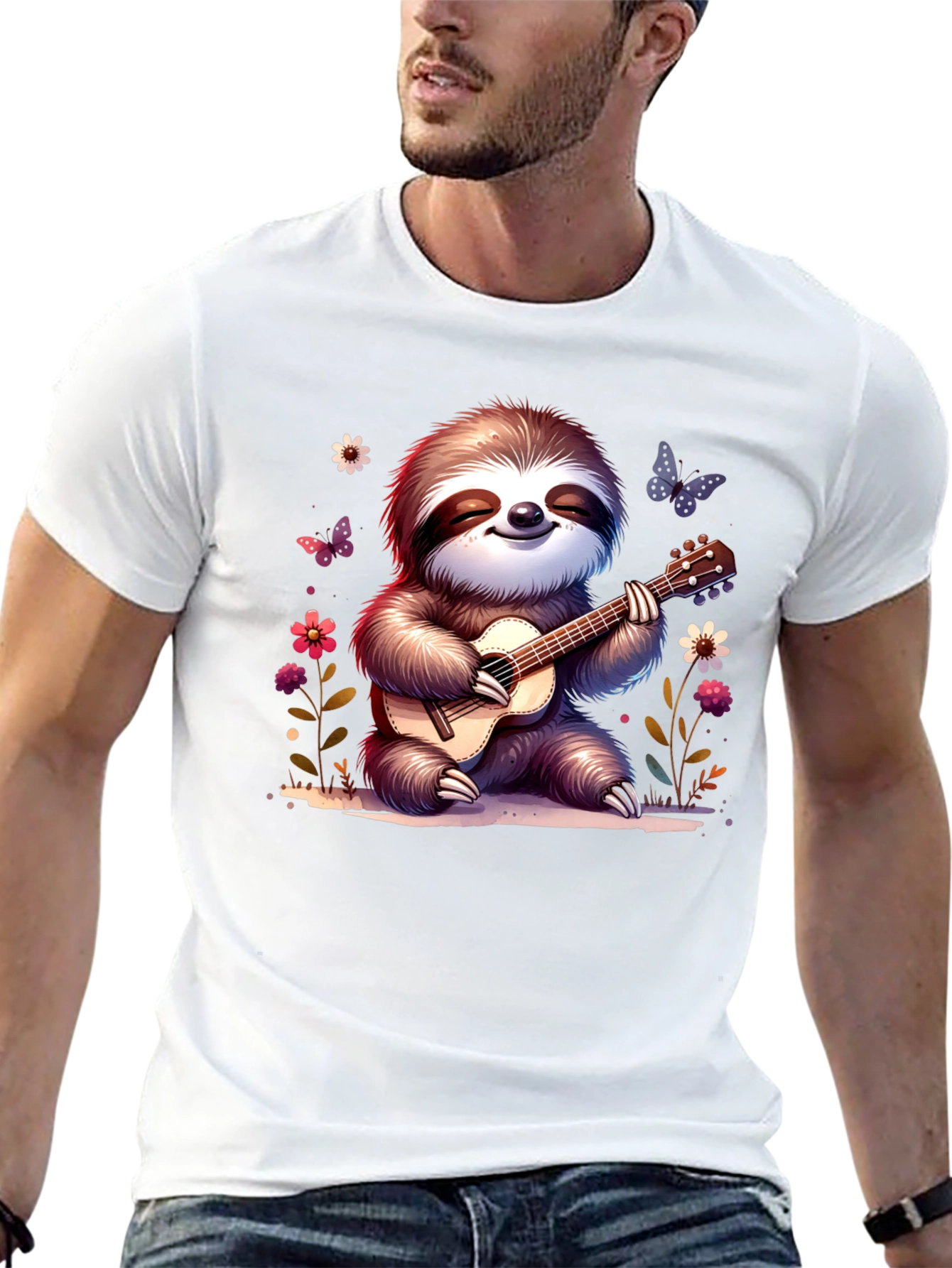 Black Cute Sloth Guitarist Graphic T-Shirt view 13