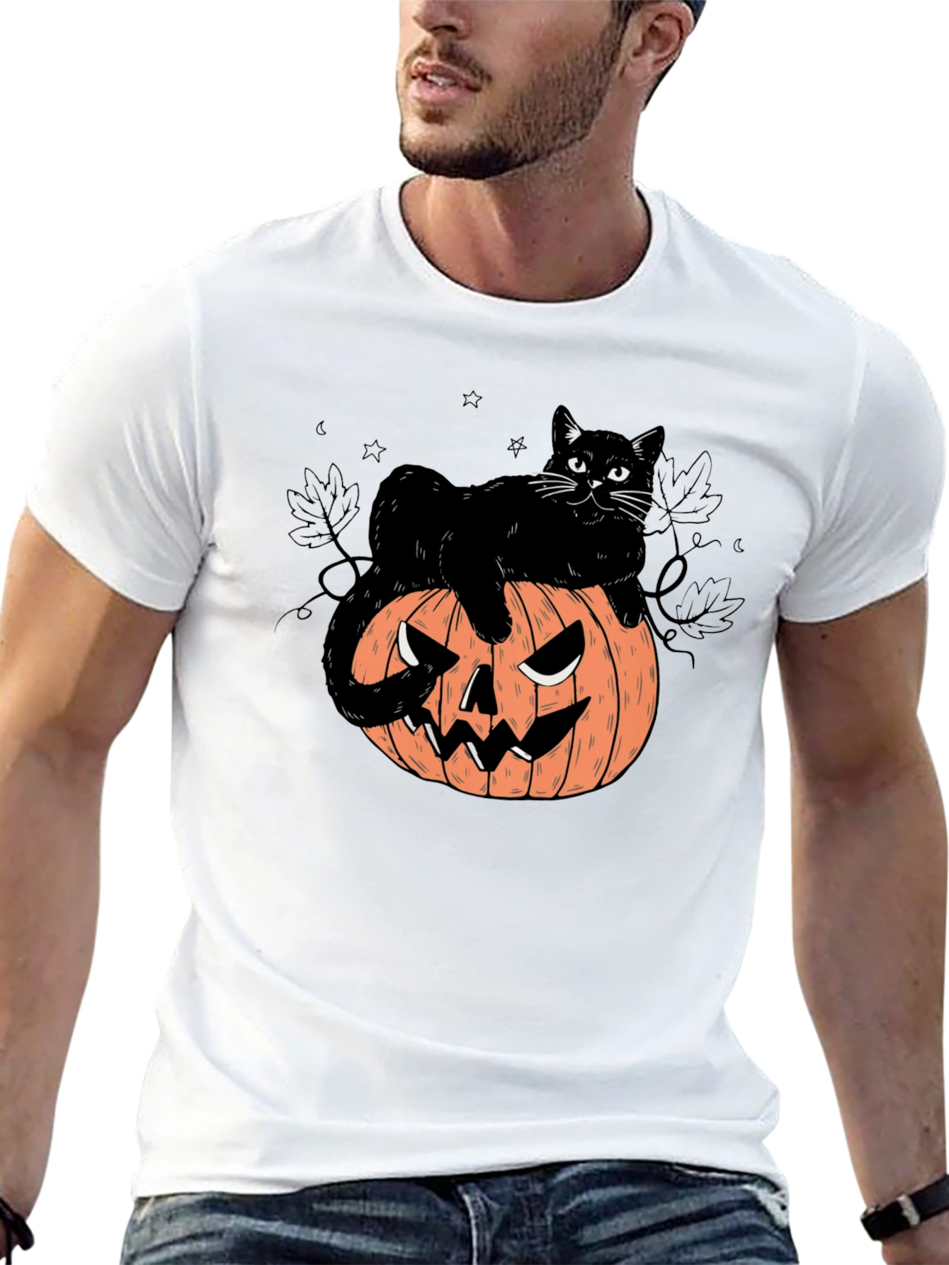 Black Halloween Cat on Pumpkin Graphic Tee view 13