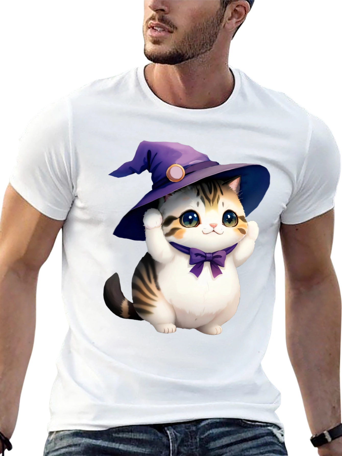 Black Cute Cat in Witch Hat Graphic Tee - Black view 13