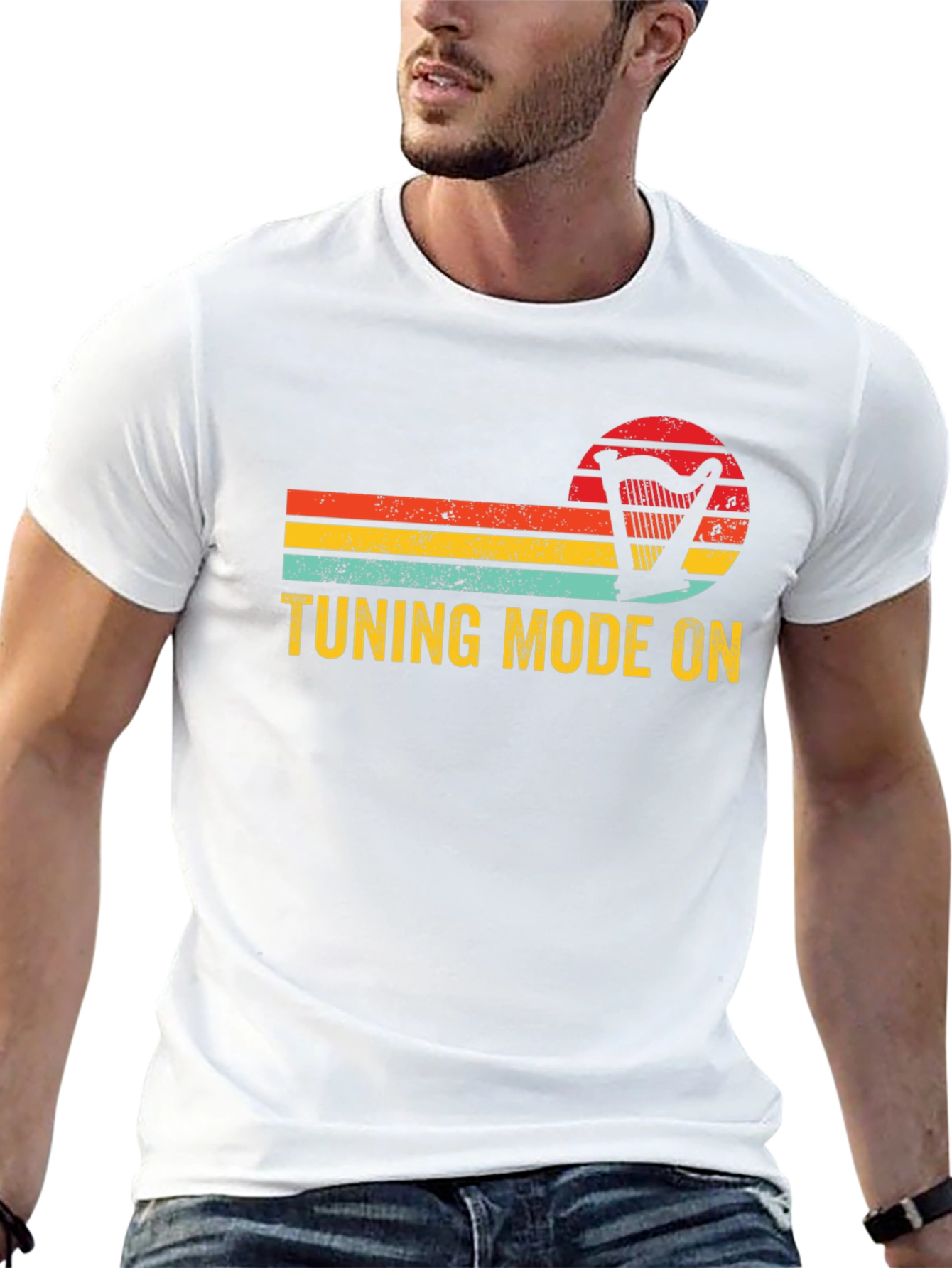 Black Tuning Mode On Harp Retro T-Shirt - Musician Gift view 13