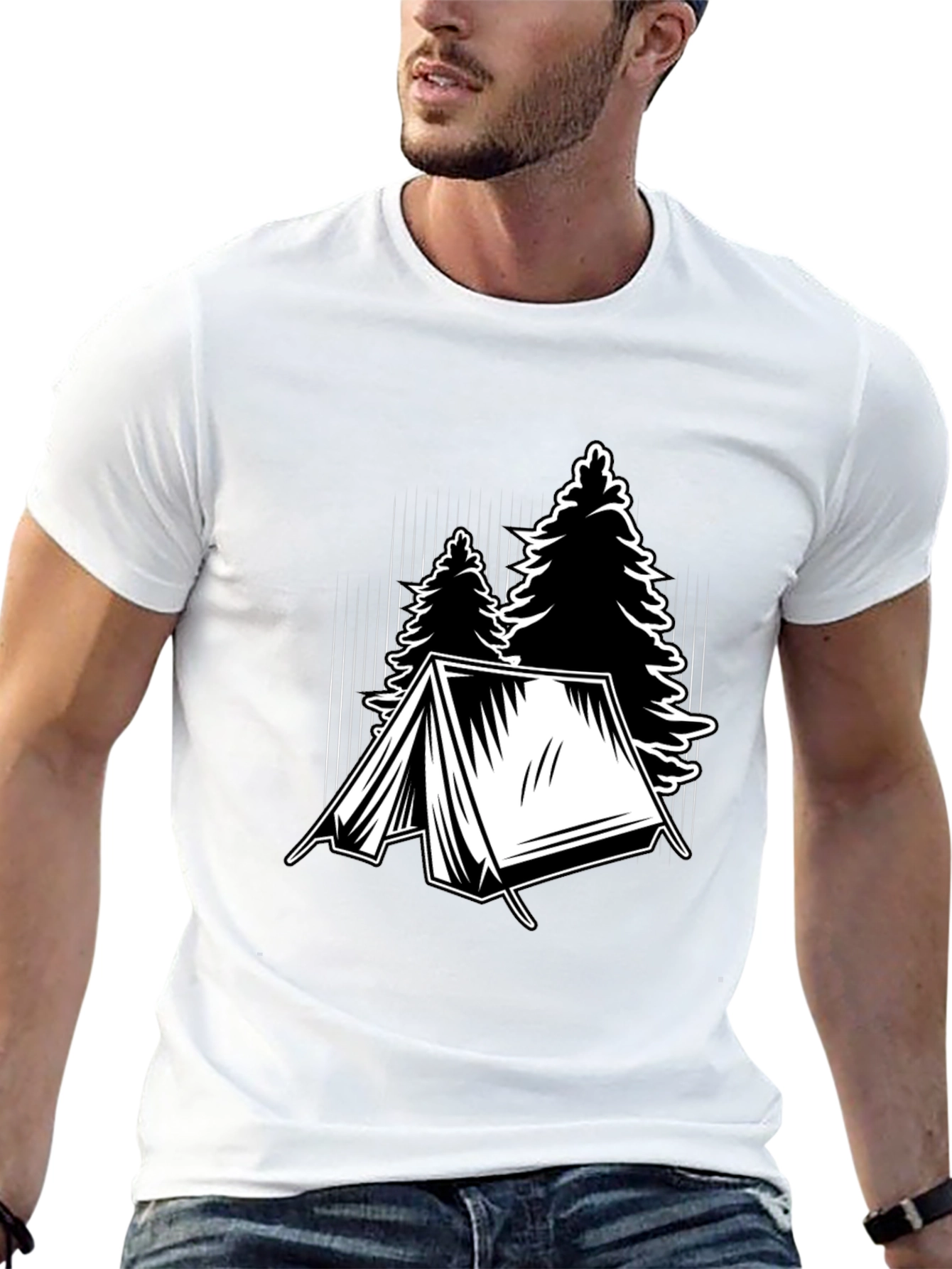 Black Camping Tent and Trees Graphic Tee - Black view 13