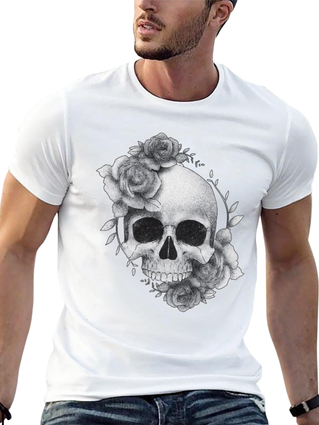 Black Skull & Roses Graphic Tee - Black Casual T-Shirt view 13