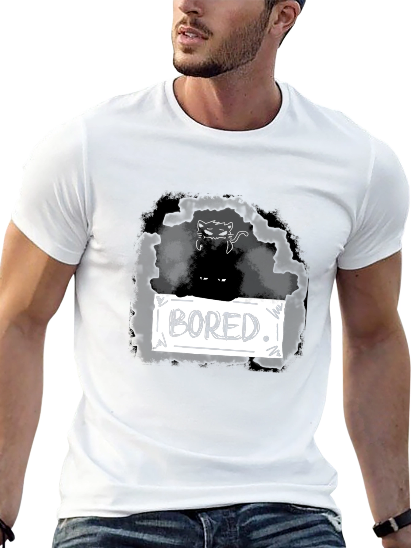 Black Bored Cat Graphic T-Shirt - Unisex Black Tee view 13