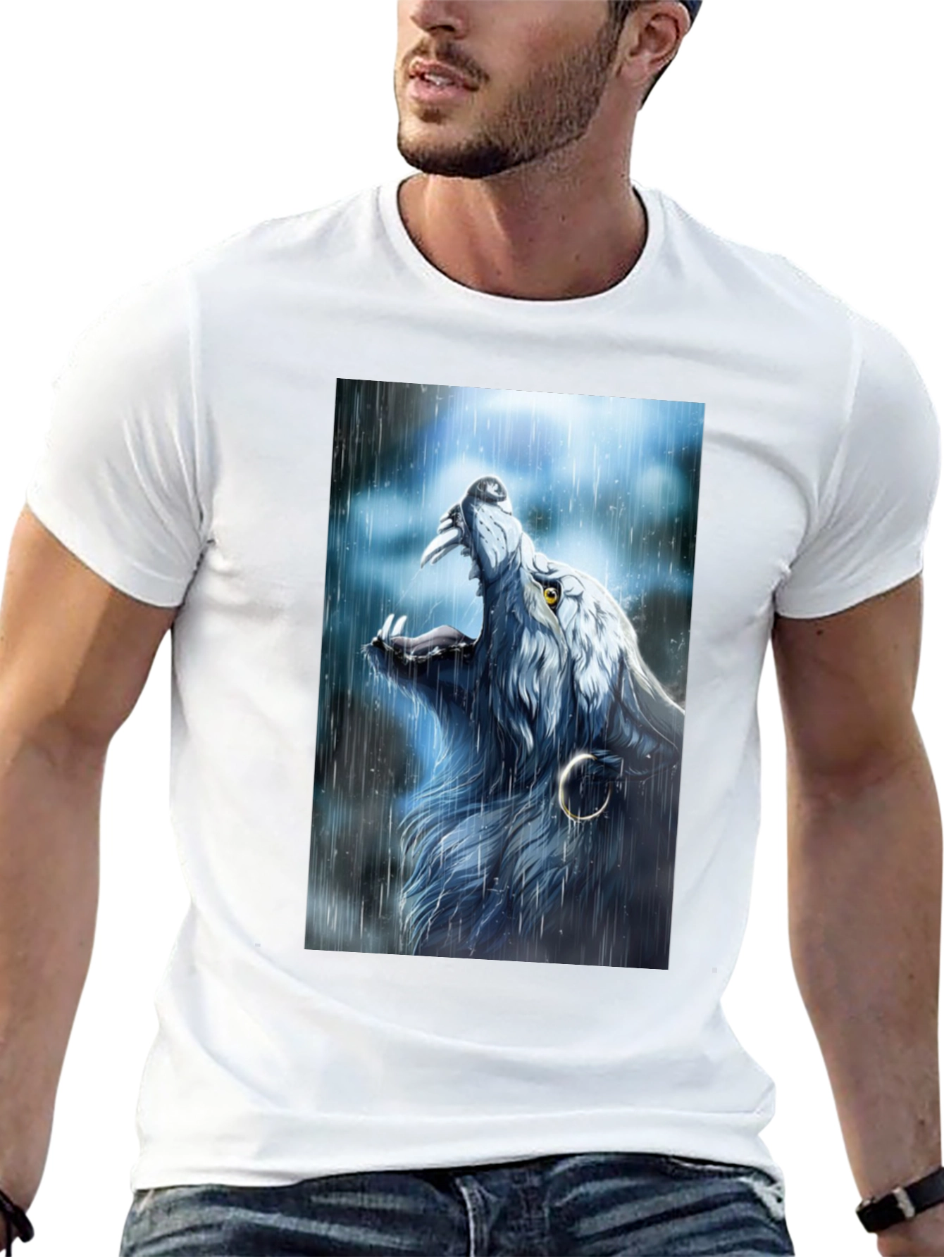 Black Wolf Howling in Rain Graphic Black T-Shirt view 13