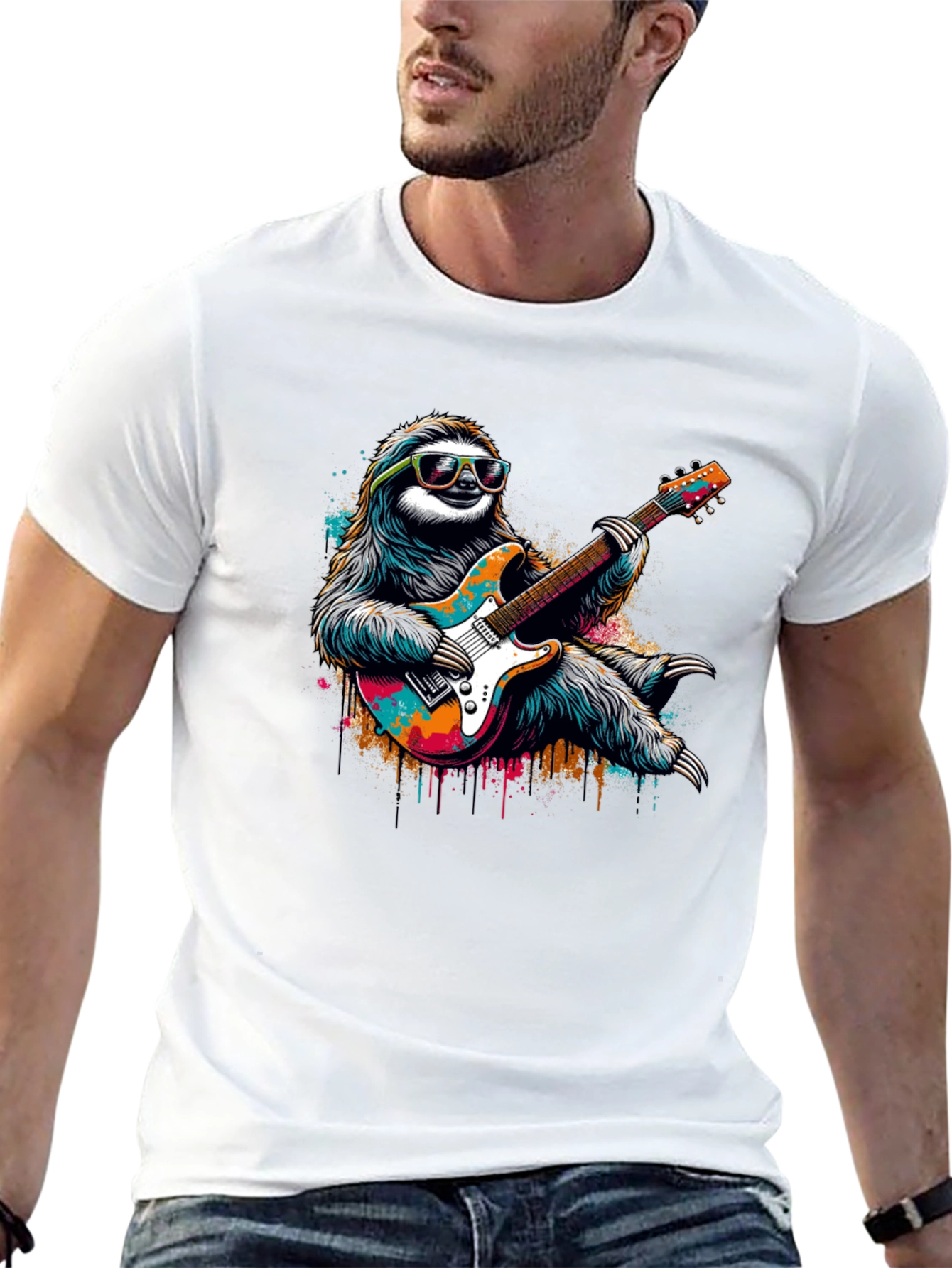 Black Cool Sloth Guitar Player Graphic Tee - Black view 13