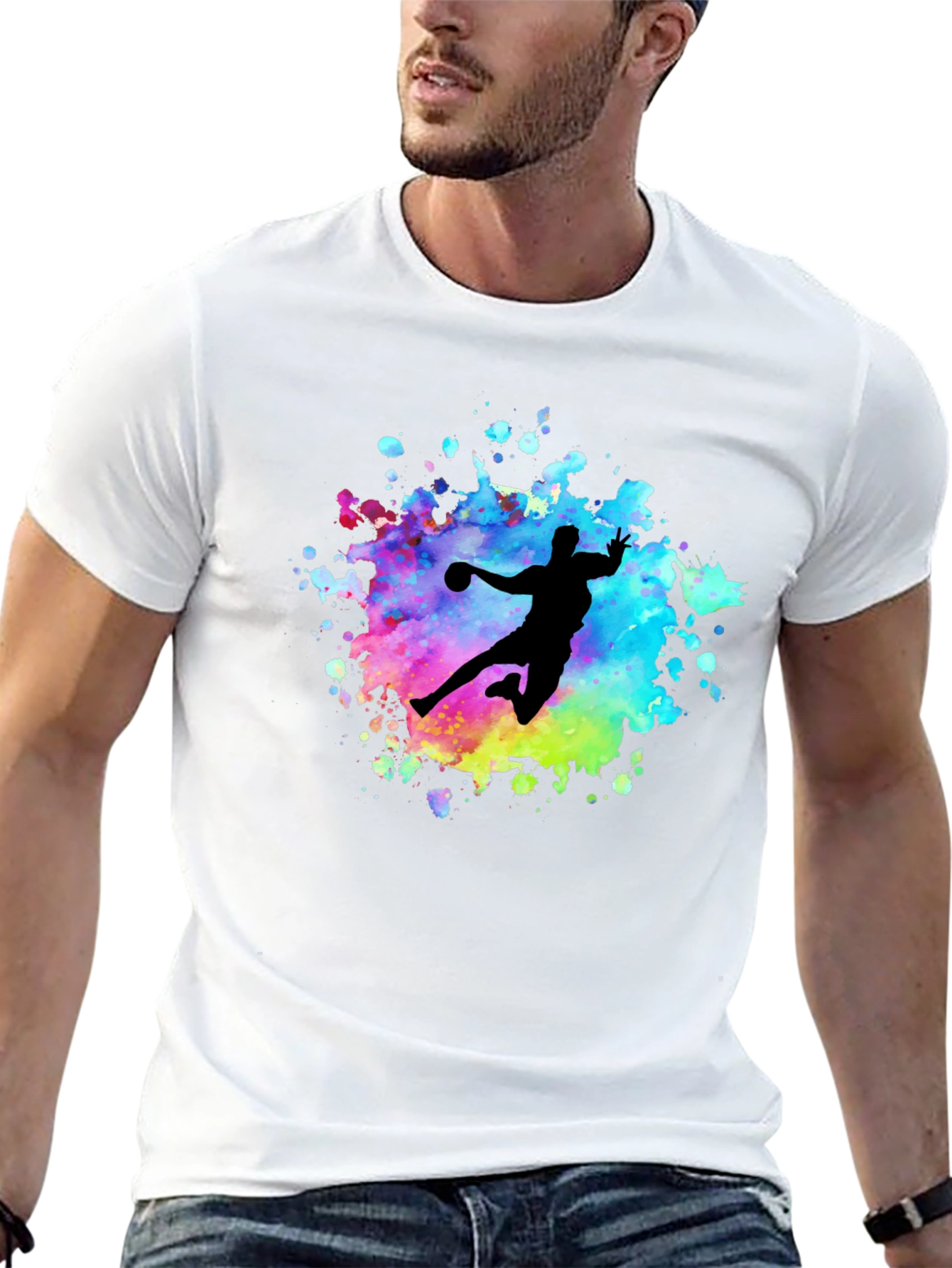 Black Watercolor Handball Player T-Shirt - Black view 13